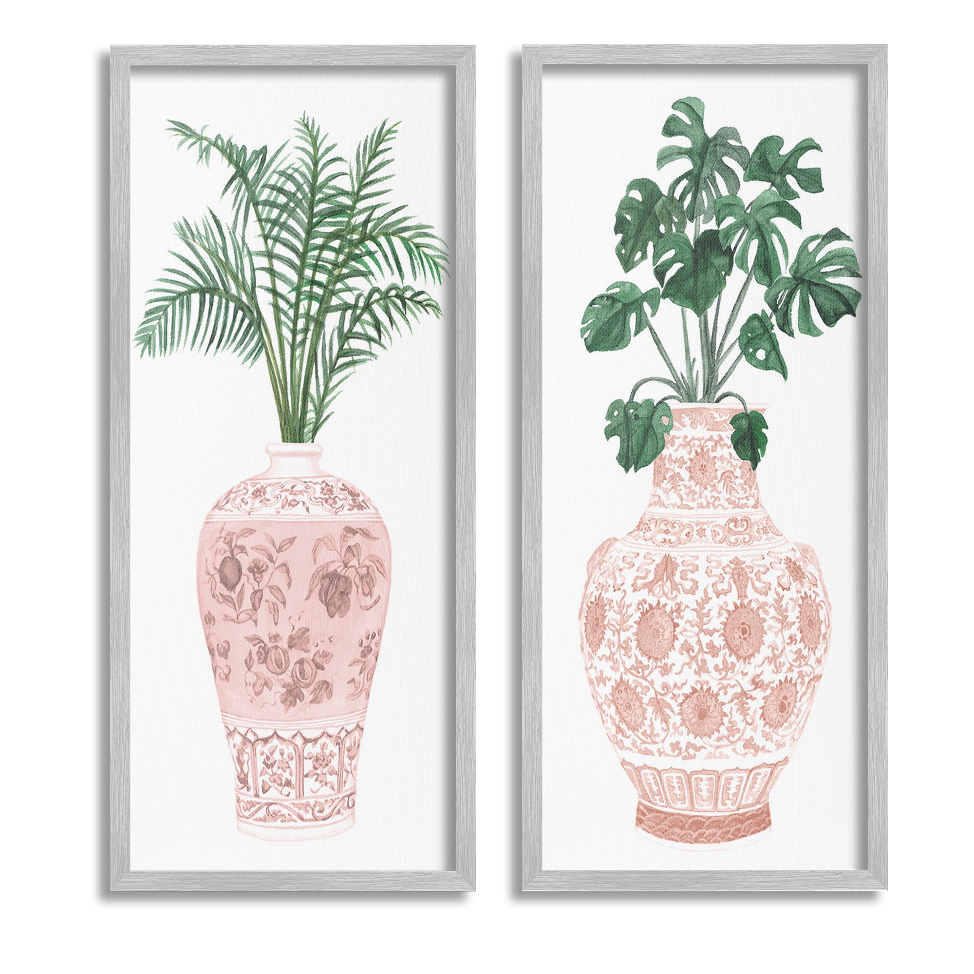 Stupell Industries Plants & Oriental Vases Botanical & Floral Painting Gray Framed Art Print Wall Art, 10 x 24, Set of 2