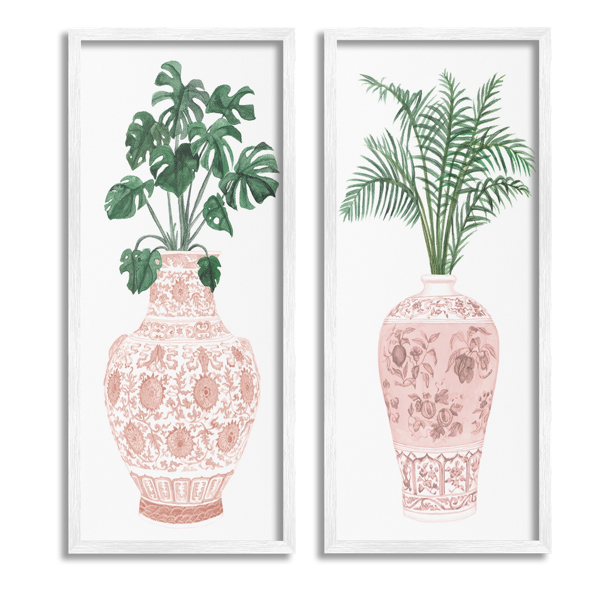 Stupell Industries Plants & Oriental Vases Botanical & Floral Painting White Framed Art Print Wall Art, 13 x 30, Set of 2