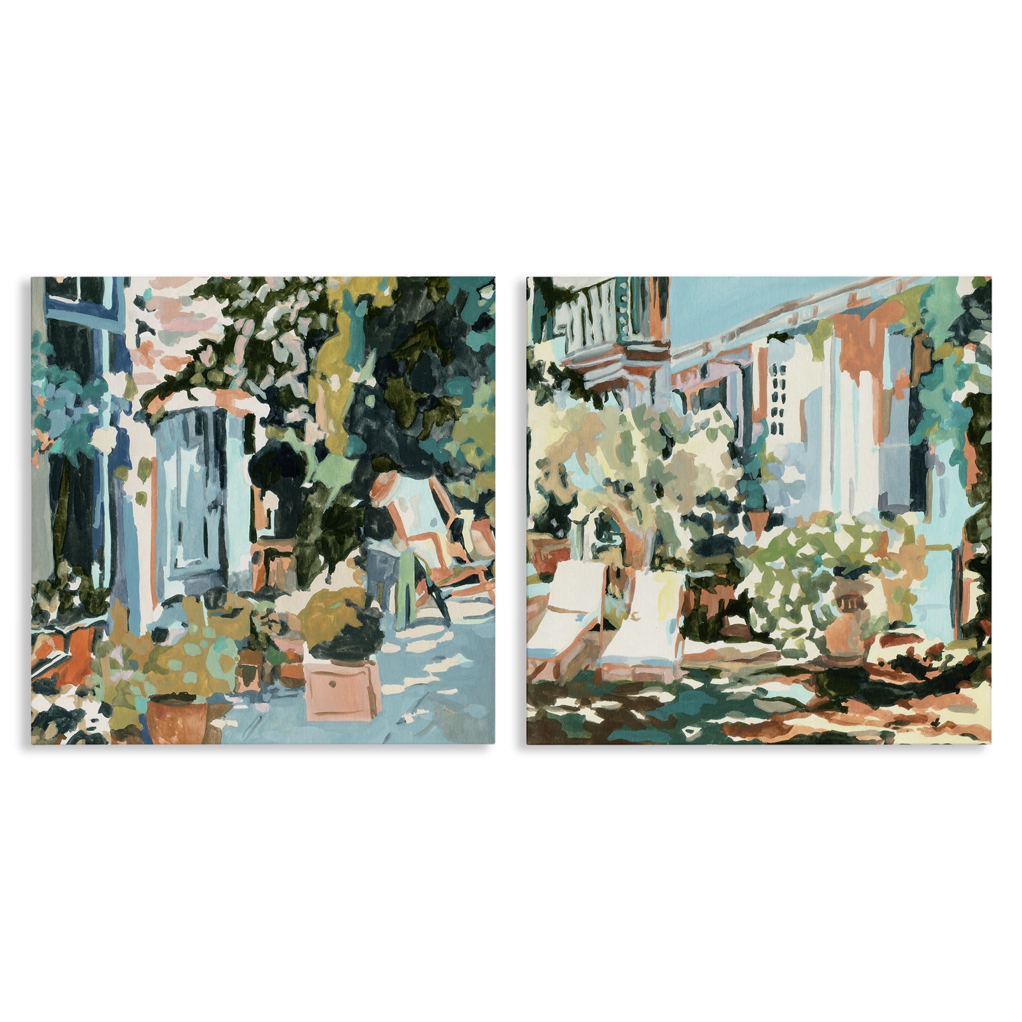 Stupell Industries Plants on Town Buildings Scenic & Cityscapes Painting Wrapped Canvas Art Print Wall Art, 17 x 17, Set of 2