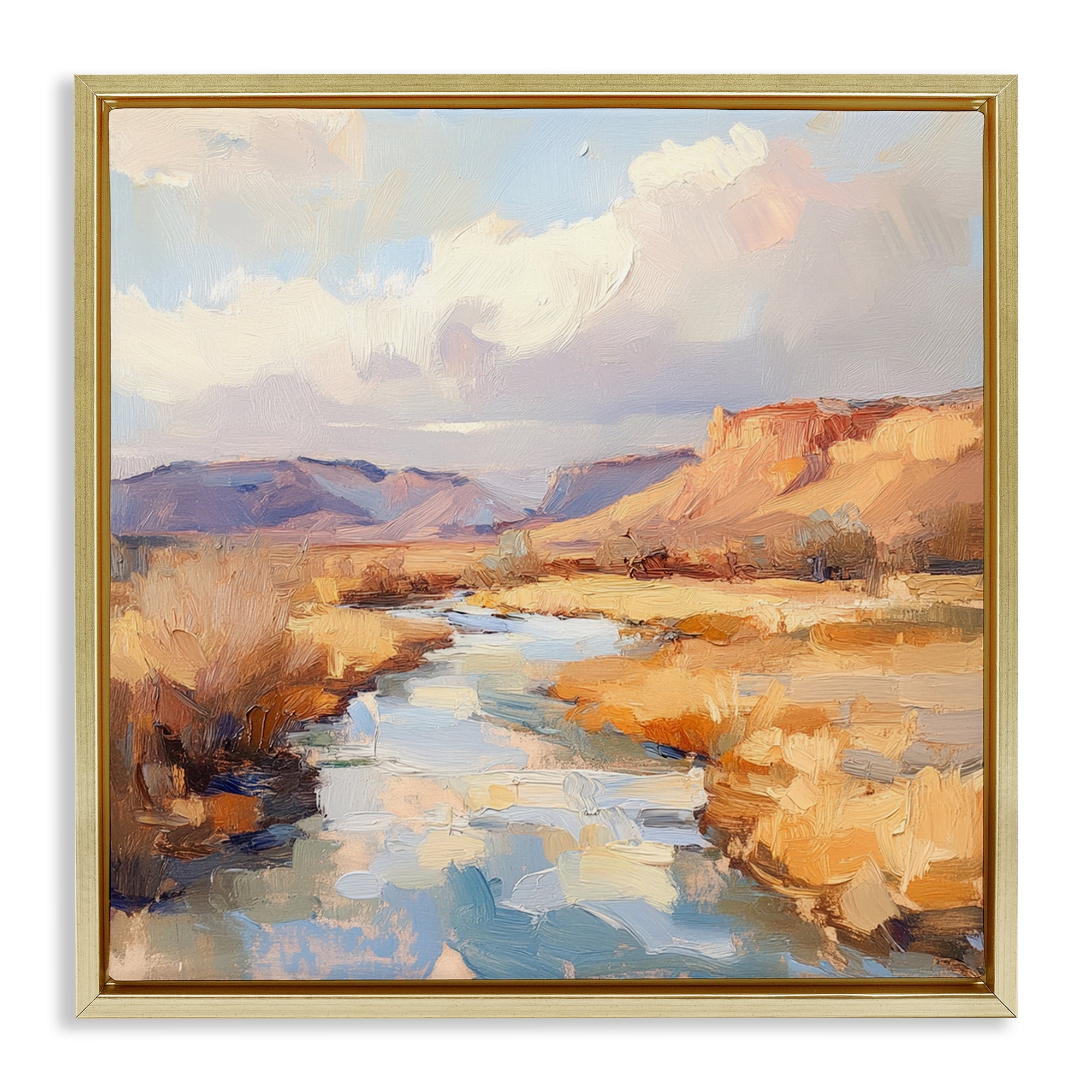 Stupell Industries Plateau River Evening Glow Gold Framed Floater Canvas Wall Art, design by Petal Prints Design