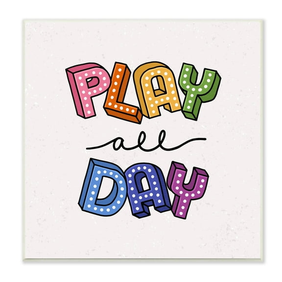 Stupell Industries Play All Day Phrase Funk Kids Retro Lettering,12 x 12, Design by Raye Allison Creations