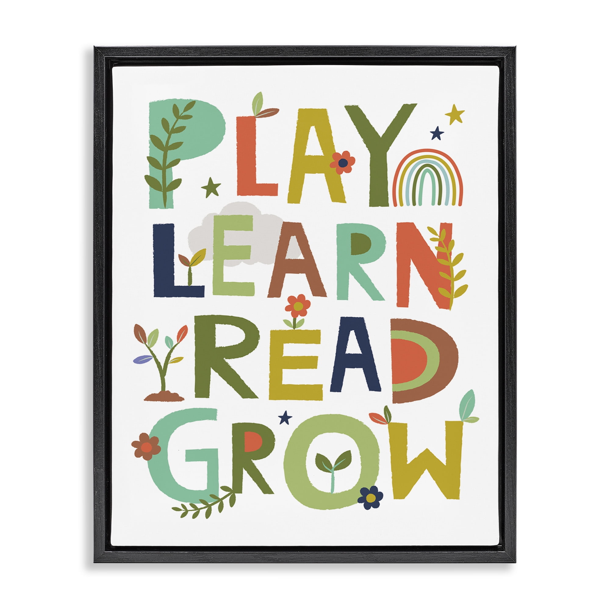 Stupell Industries Play Learn Read Grow Typography Literature & Flim Painting Black Floater Framed Canvas Art Print Wall Art, 17 x 21