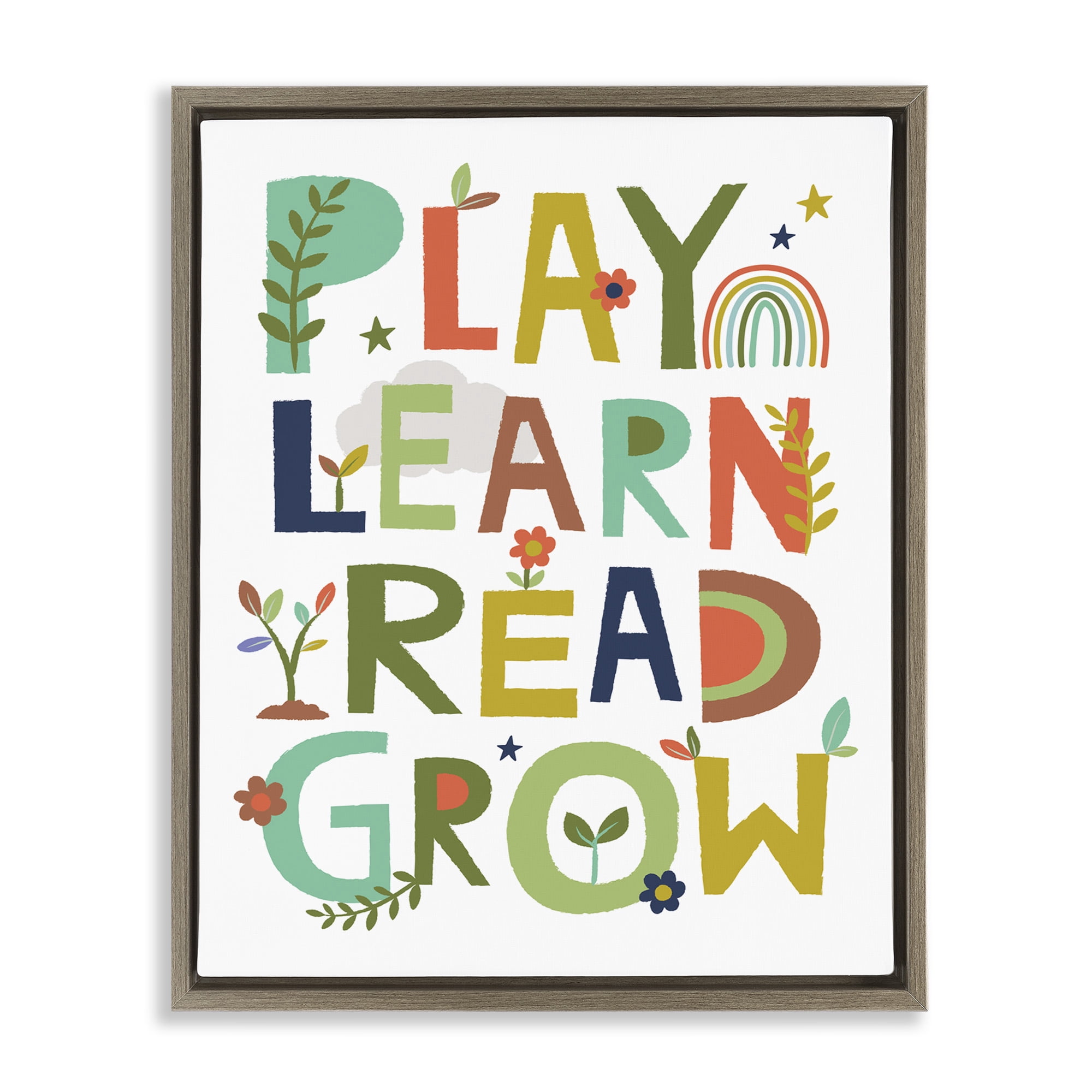 Stupell Industries Play Learn Read Grow Typography Literature & Flim Painting Brown Floater Framed Canvas Art Print Wall Art, 25 x 31