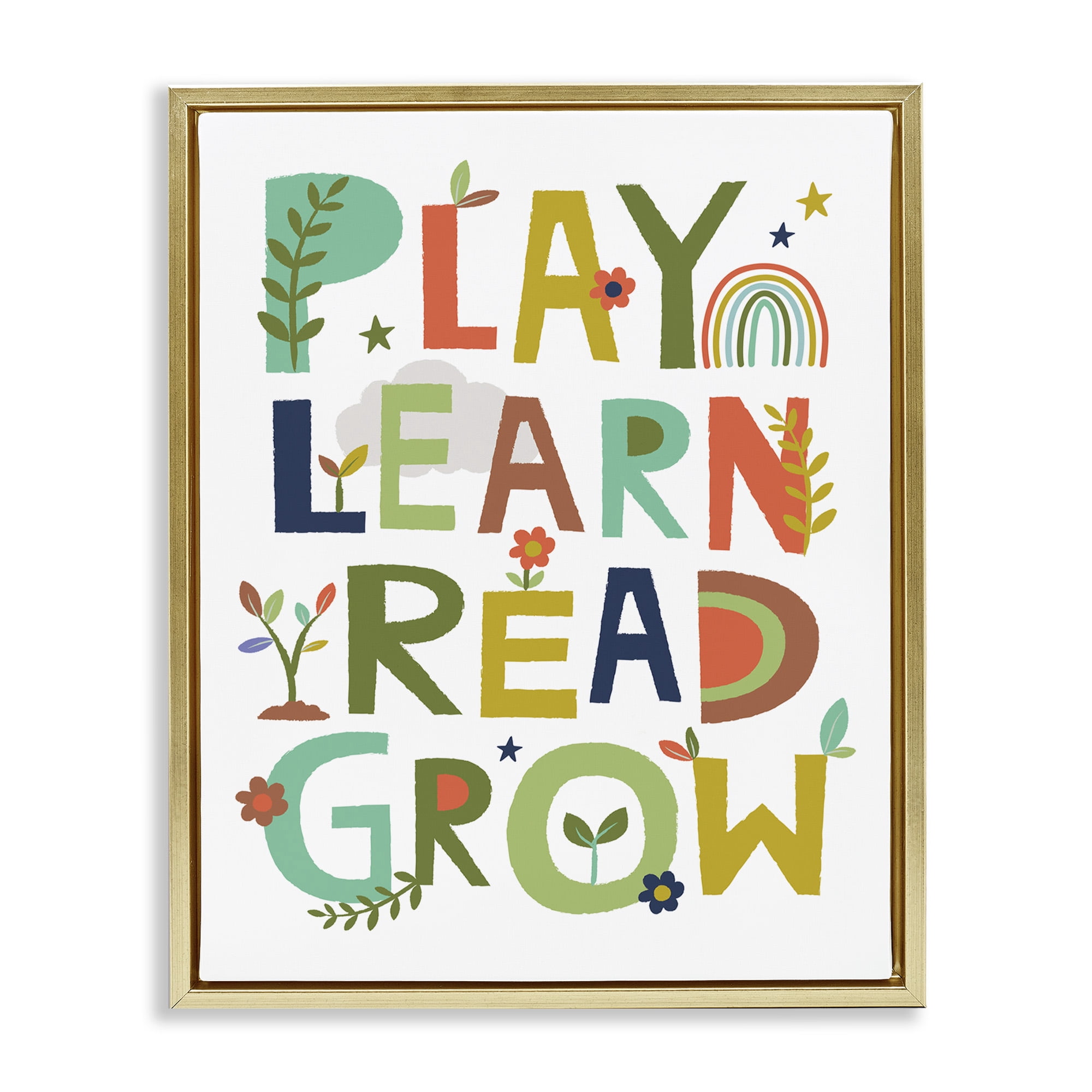 Stupell Industries Play Learn Read Grow Typography Literature & Flim Painting Gold Floater Framed Canvas Art Print Wall Art, 17 x 21