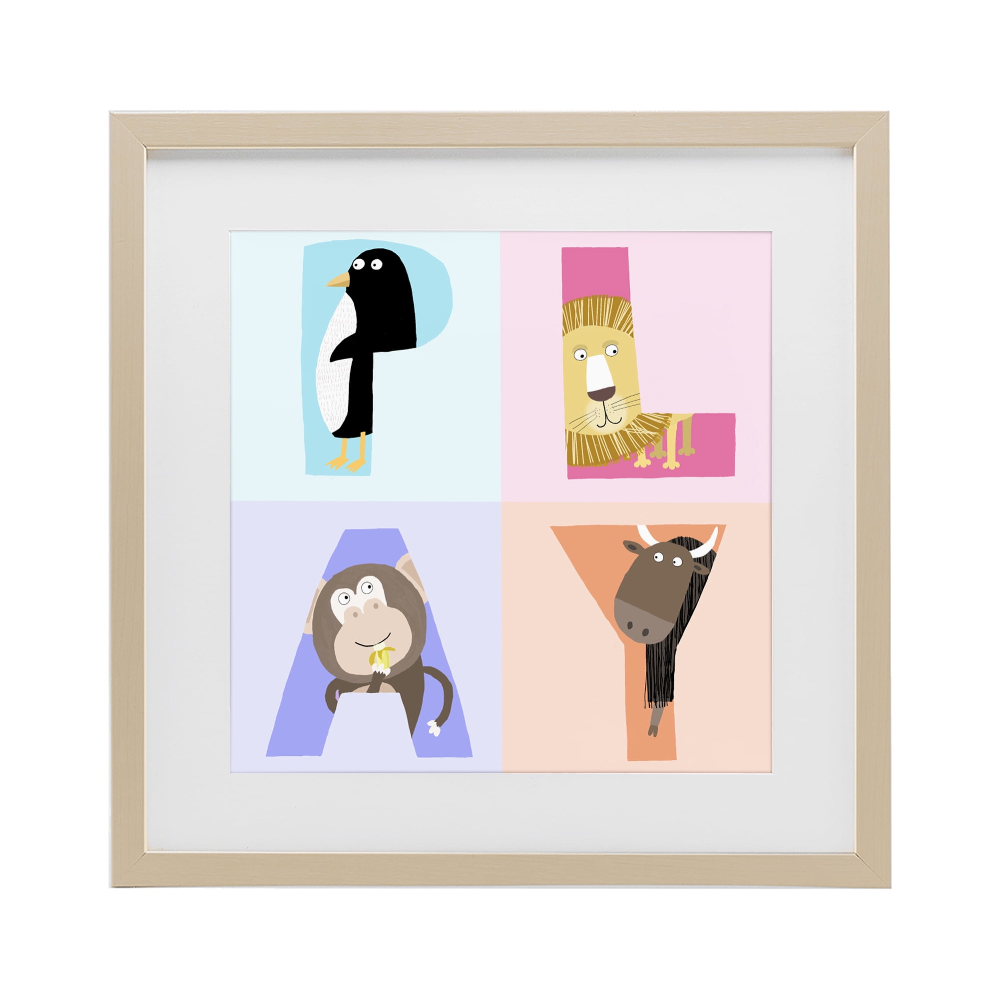 Stupell Industries Play Letters Squares with Animals Birch Framed Print Under Glass, design by Carla Daly