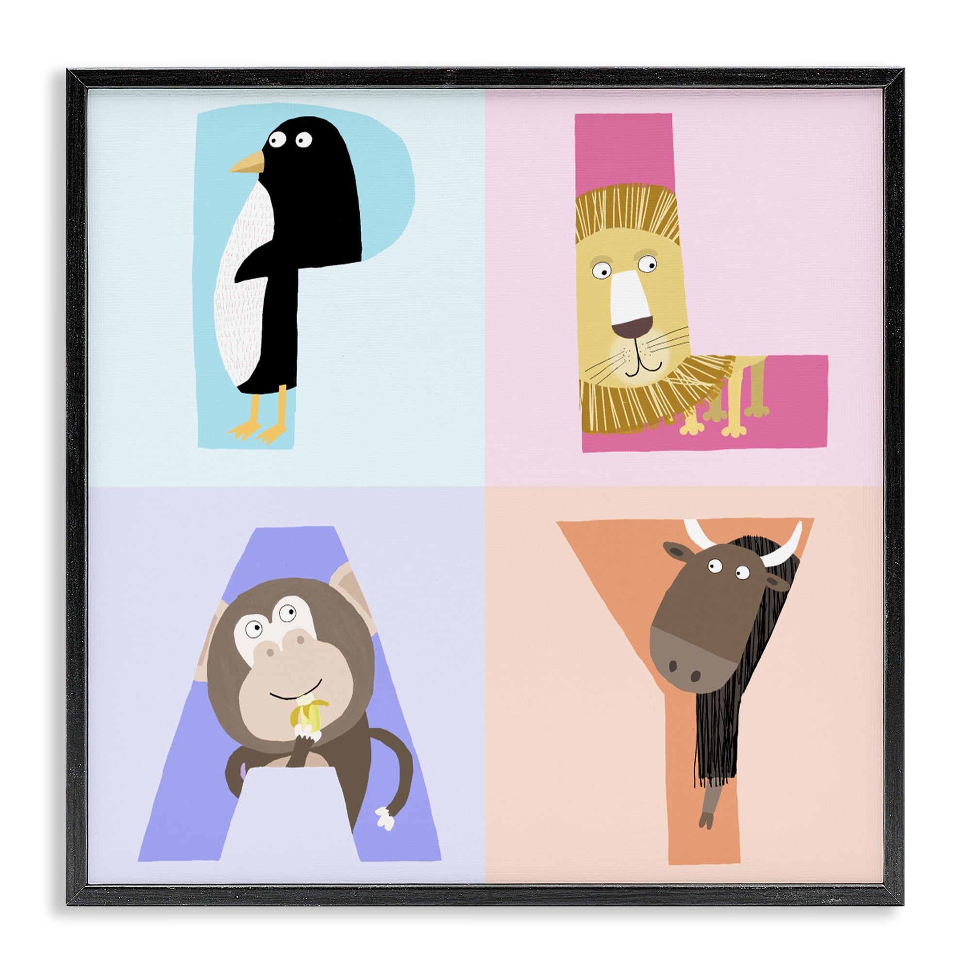 Stupell Industries Play Letters Squares with Animals Black Framed Giclee Art, design by Carla Daly