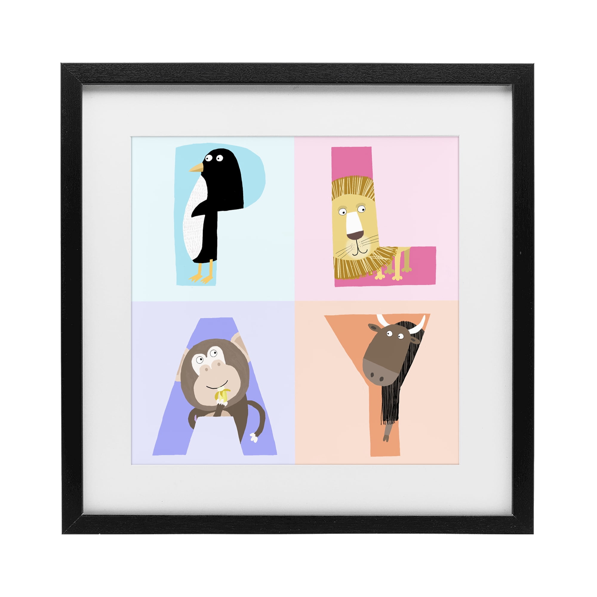 Stupell Industries Play Letters Squares with Animals Black Framed Print Under Glass, design by Carla Daly