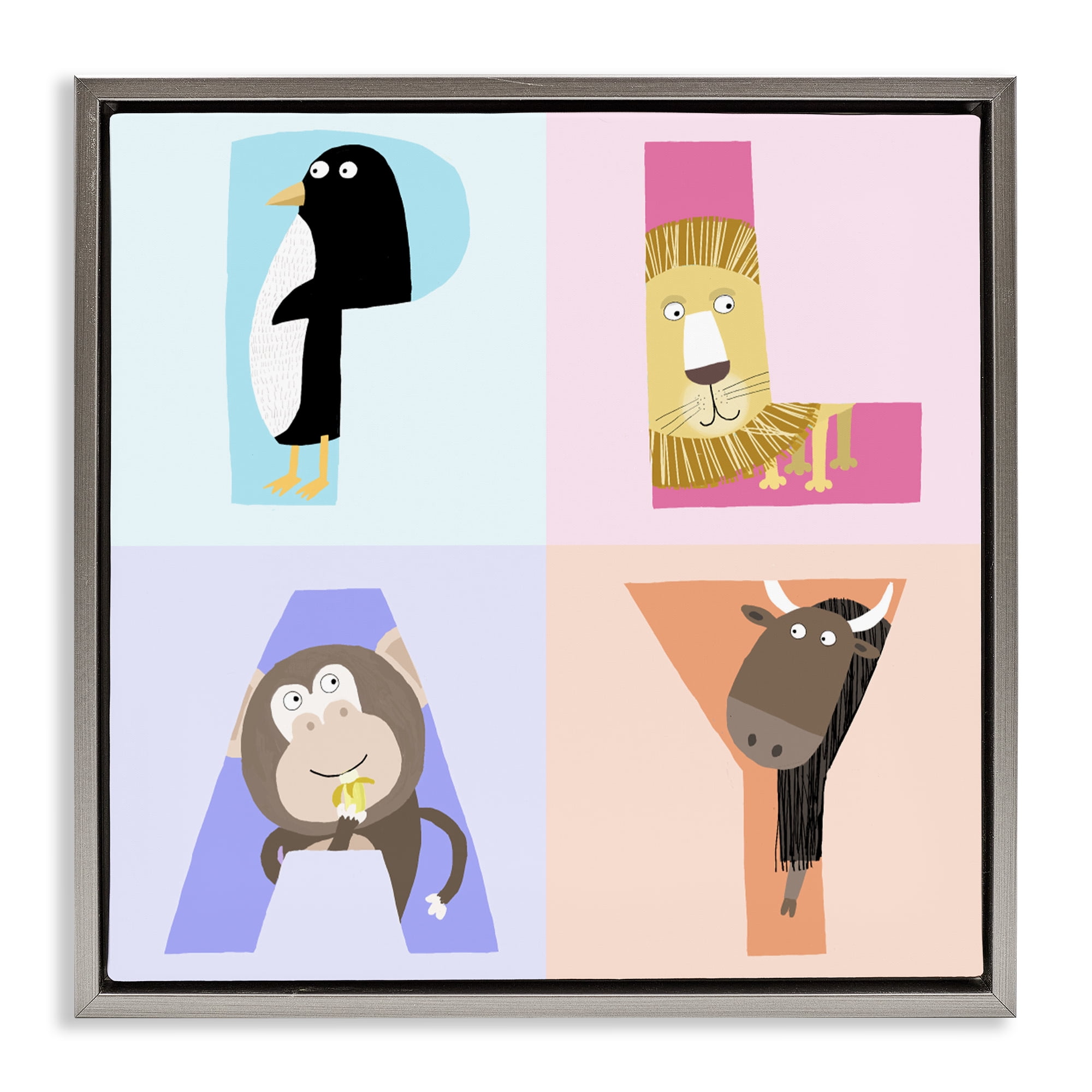 Stupell Industries Play Letters Squares with Animals Gray Framed Floater Canvas Wall Art, design by Carla Daly