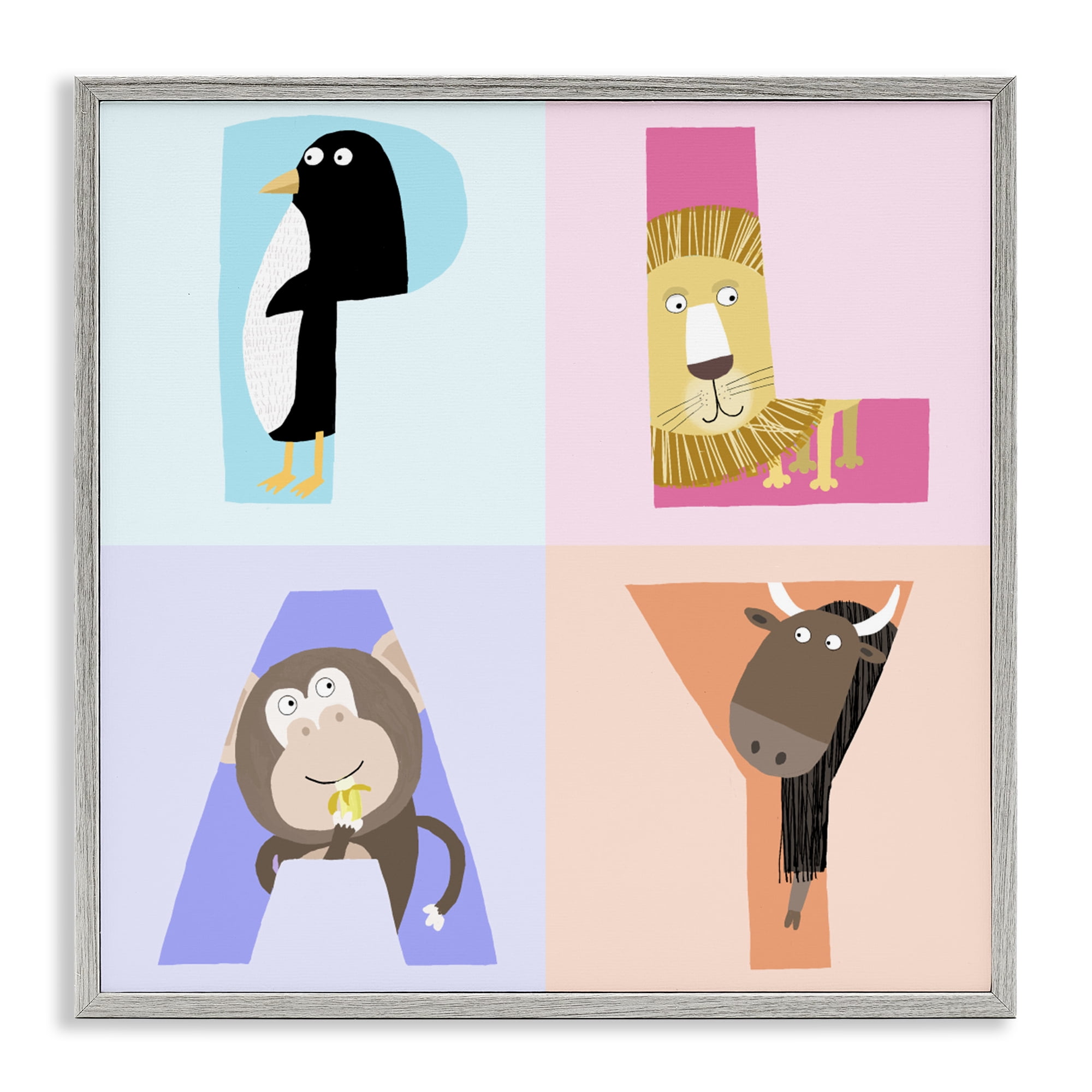Stupell Industries Play Letters Squares with Animals Gray Framed Giclee Art, design by Carla Daly