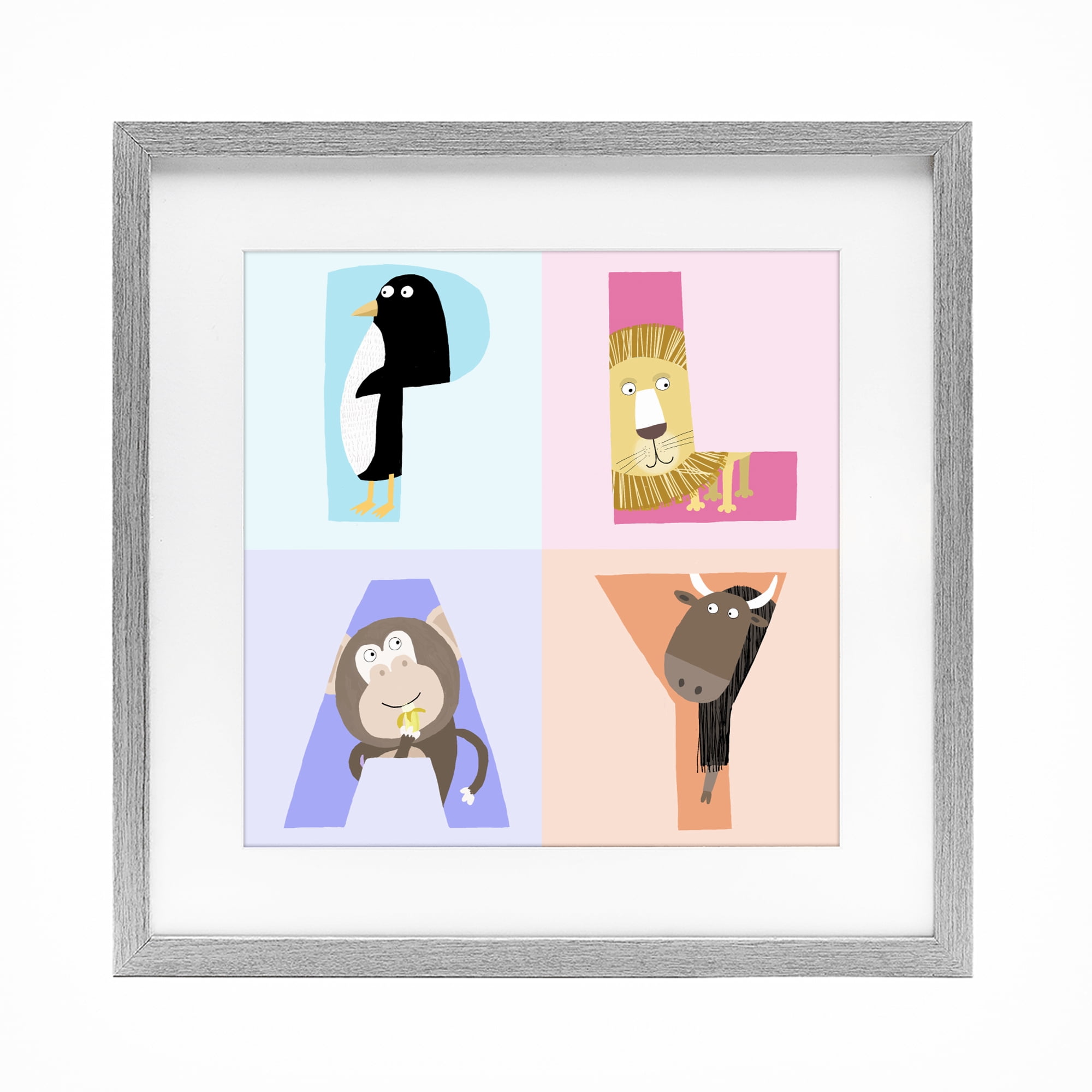 Stupell Industries Play Letters Squares with Animals Gray Framed Print Under Glass, design by Carla Daly