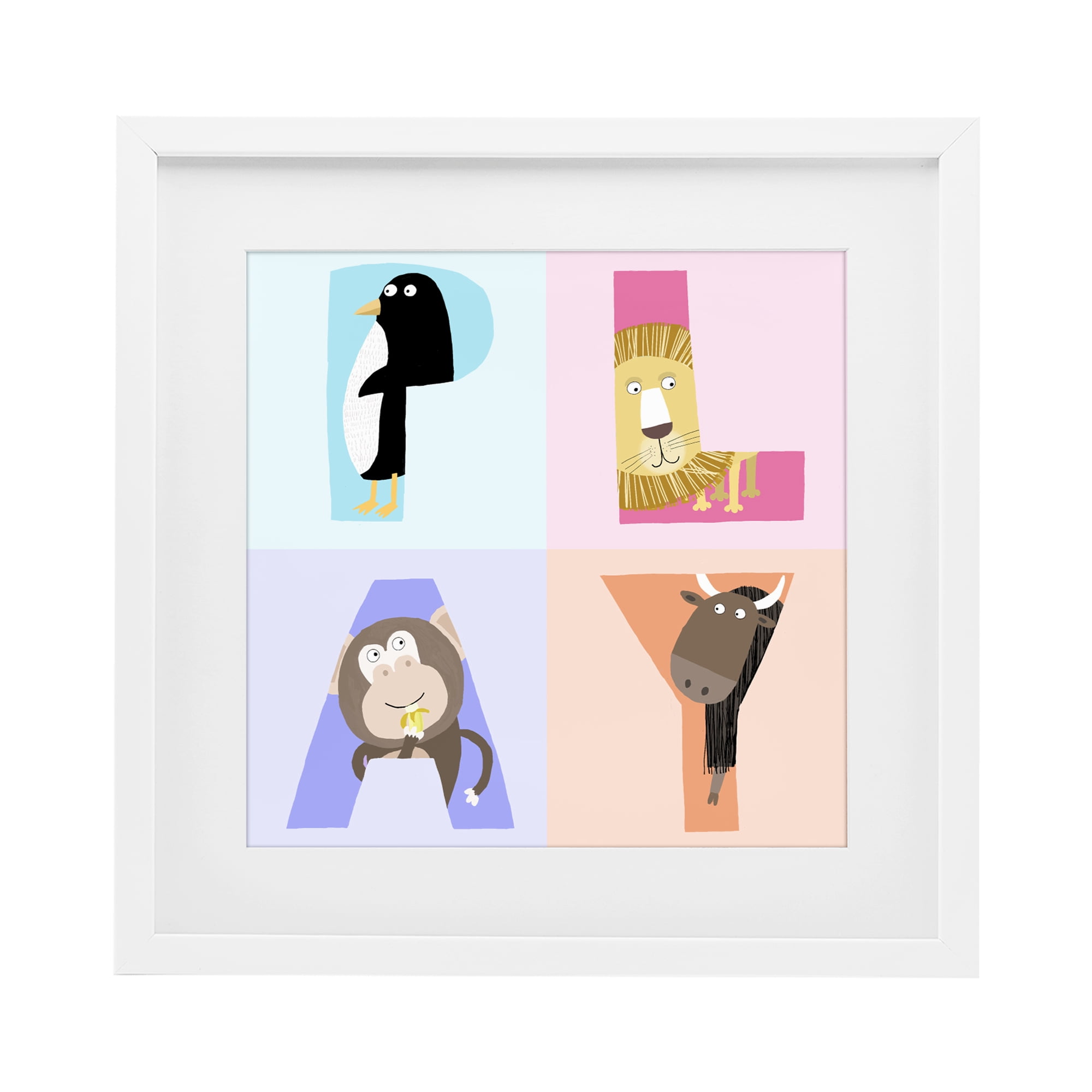 Stupell Industries Play Letters Squares with Animals White Framed Print Under Glass, design by Carla Daly