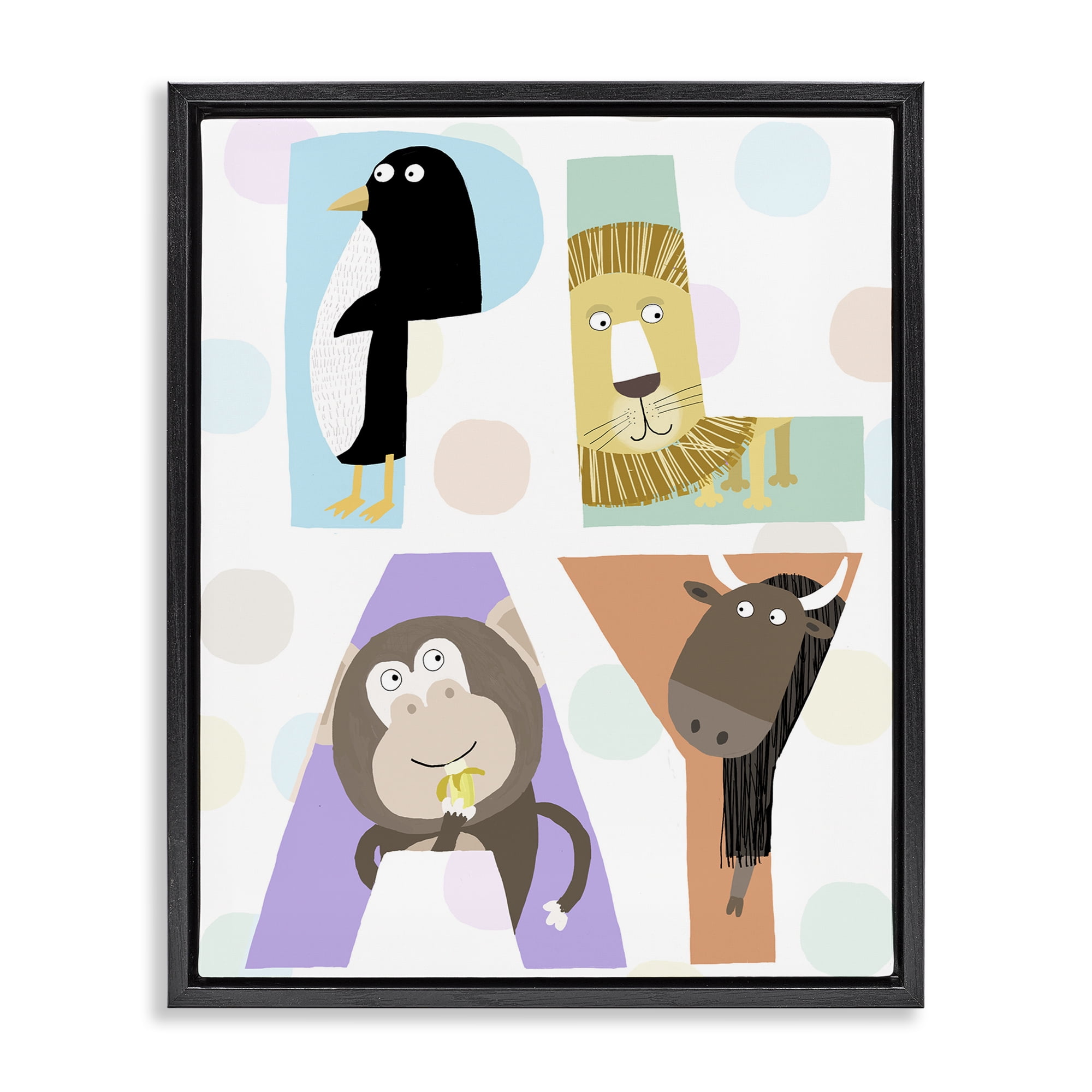 Stupell Industries Play Letters with Animals Black Framed Floater Canvas Wall Art, design by Carla Daly
