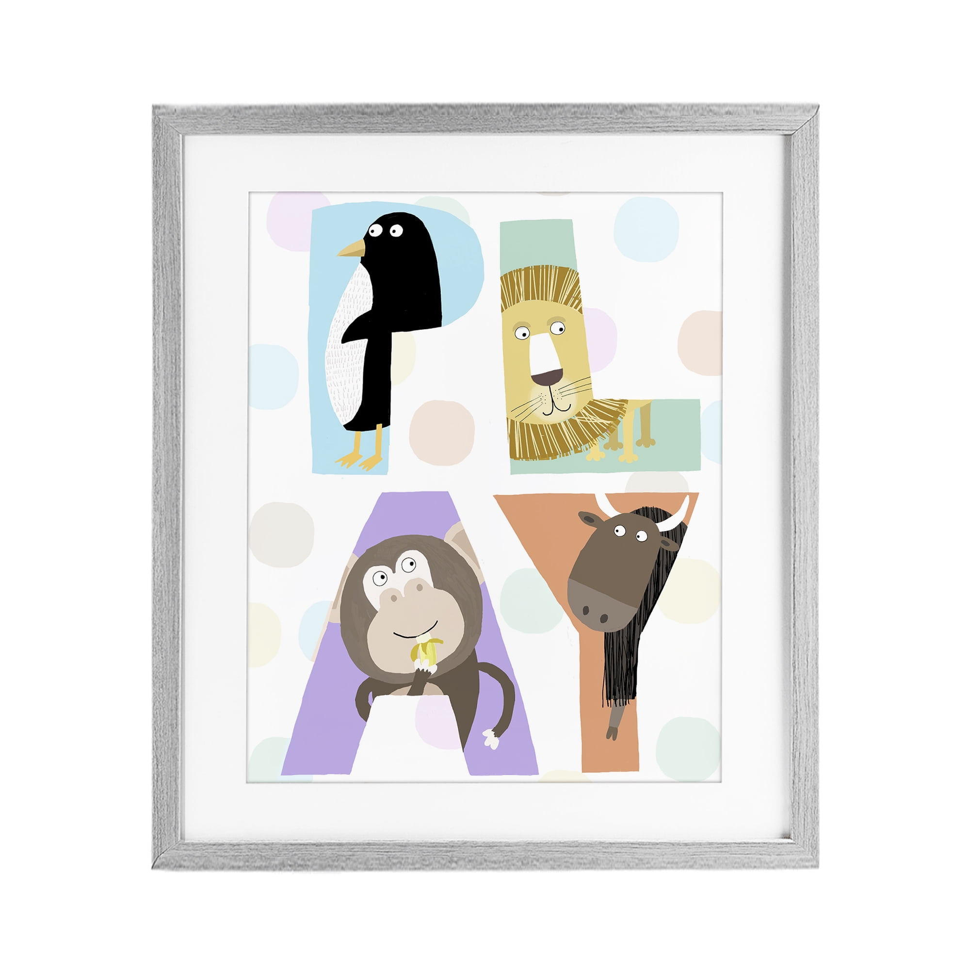 Stupell Industries Play Letters with Animals Gray Framed Print Under Glass, design by Carla Daly