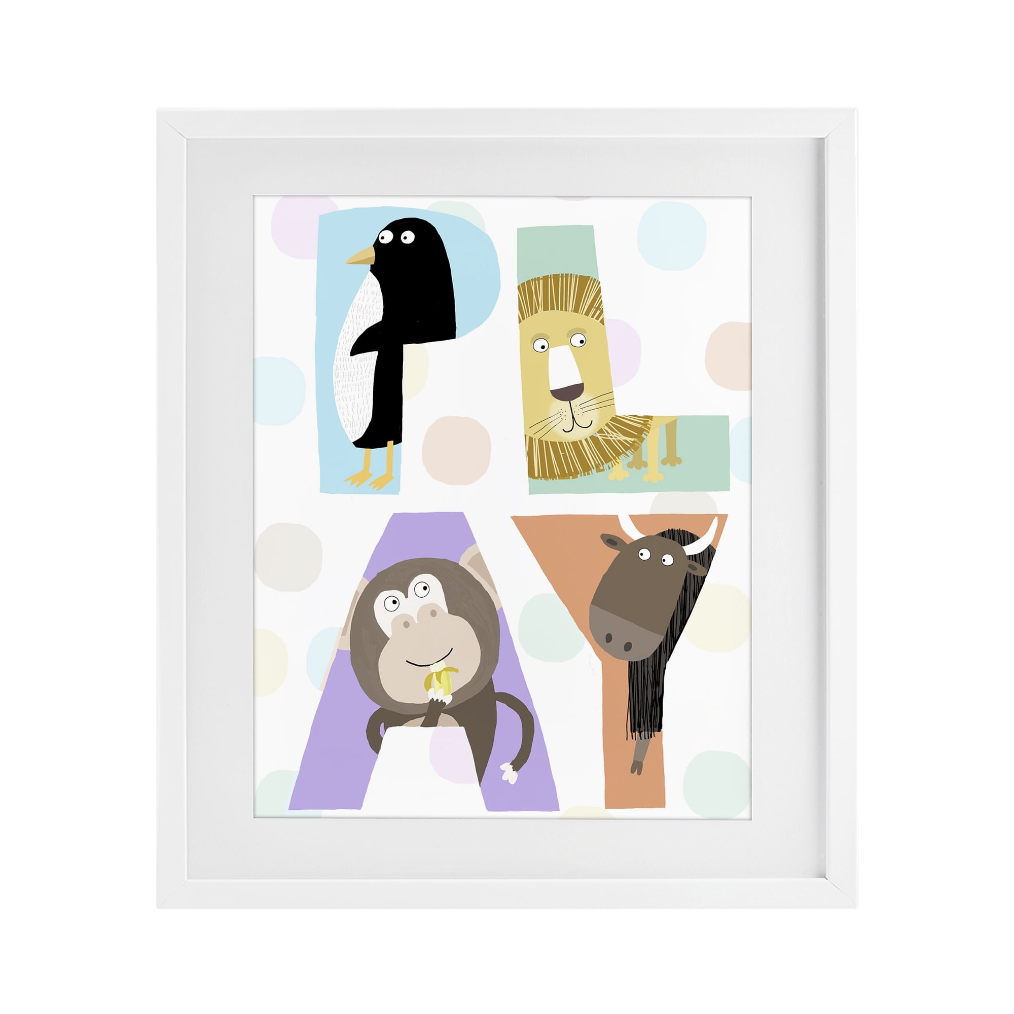 Stupell Industries Play Letters with Animals White Framed Print Under Glass, design by Carla Daly