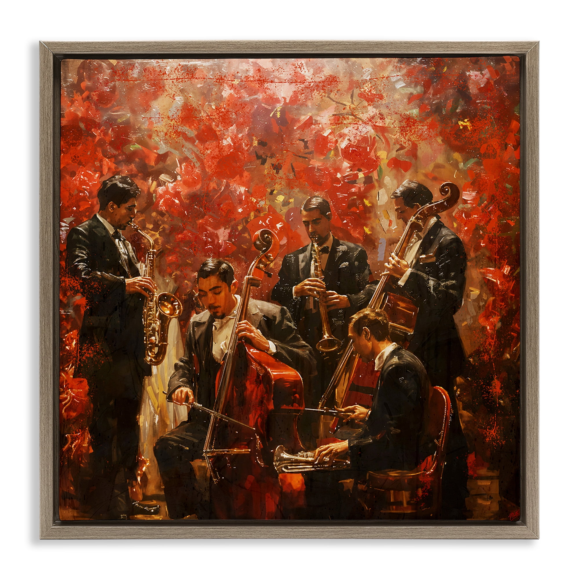 Stupell Industries Play More Jazz Performance Brown Framed Floater Canvas Wall Art, design by Marta Wiley