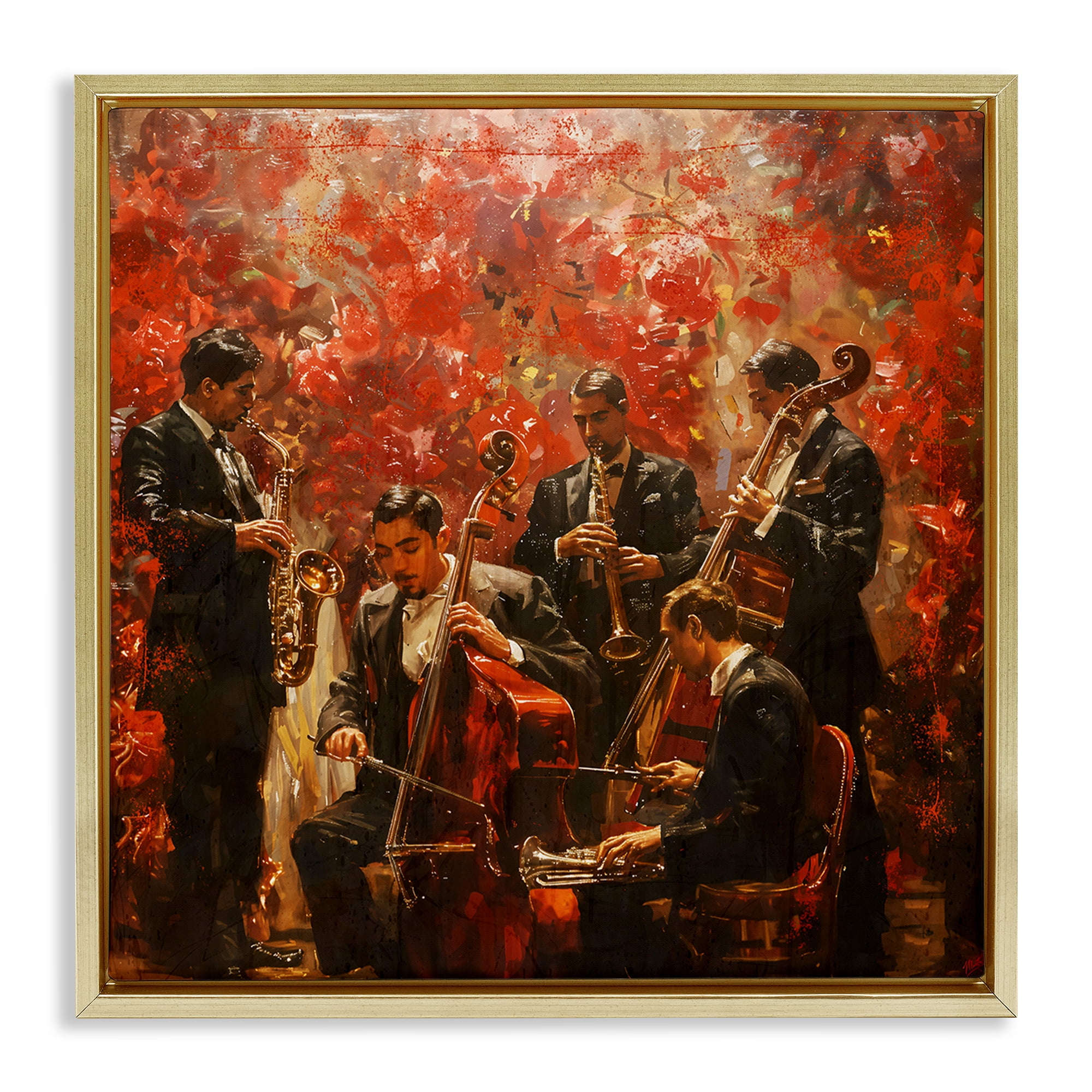 Stupell Industries Play More Jazz Performance Gold Framed Floater Canvas Wall Art, design by Marta Wiley