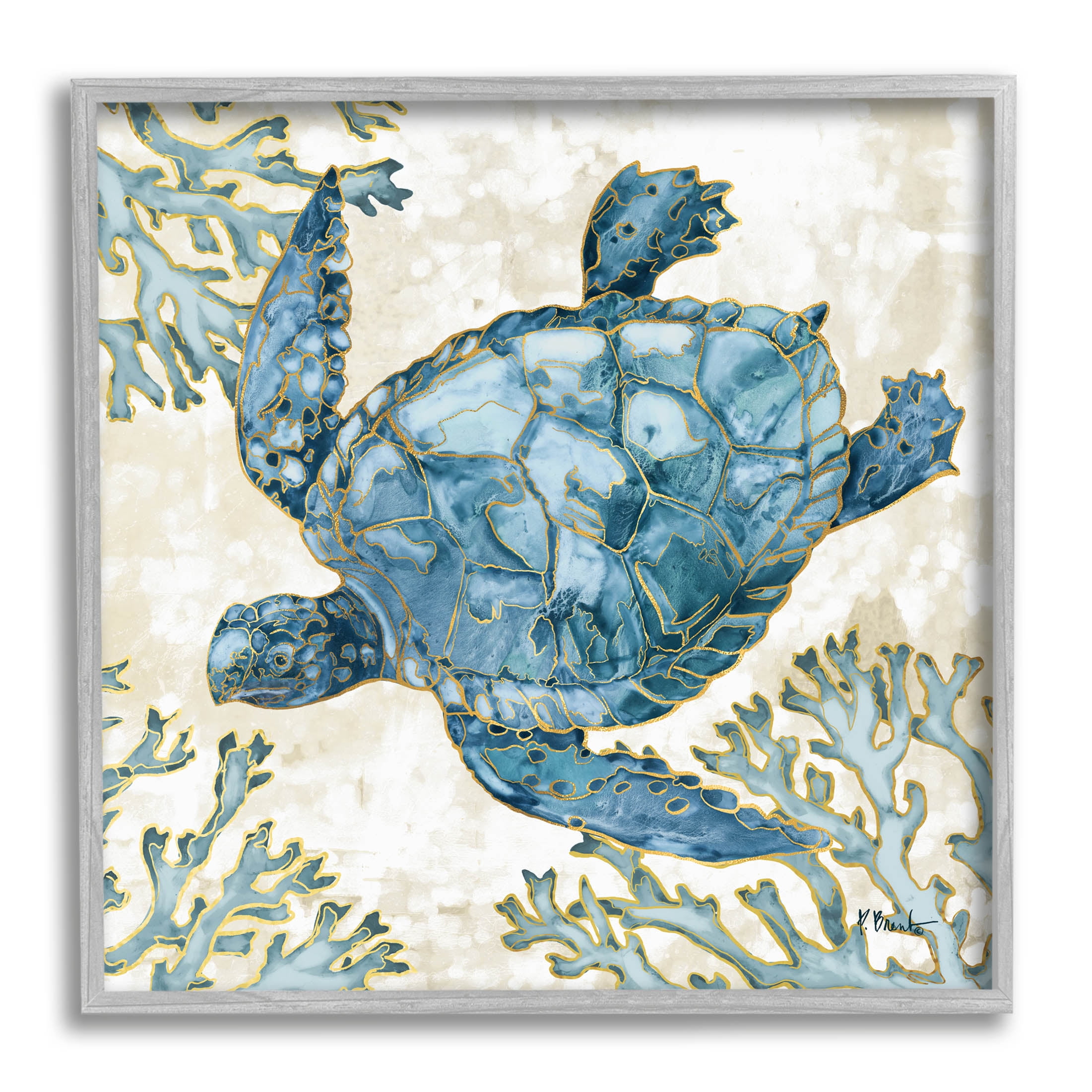 Stupell Industries Playa Sealife Blue Sea Turtle Graphic Art Gray Framed Art Print Wall Art, Design by Paul Brent
