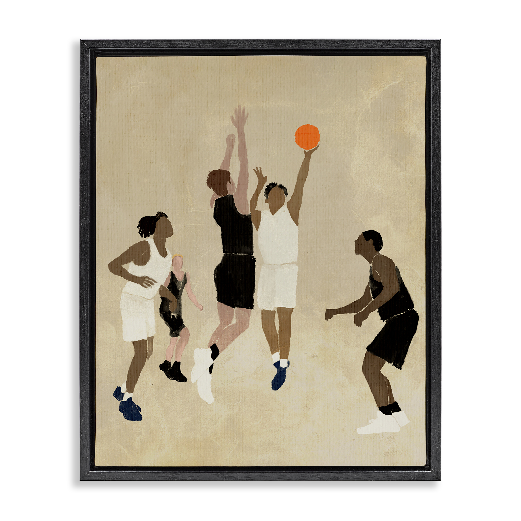 Stupell Industries Players with Basketball Sports Painting Black Floater Framed Canvas Art Print Wall Art, 25 x 31