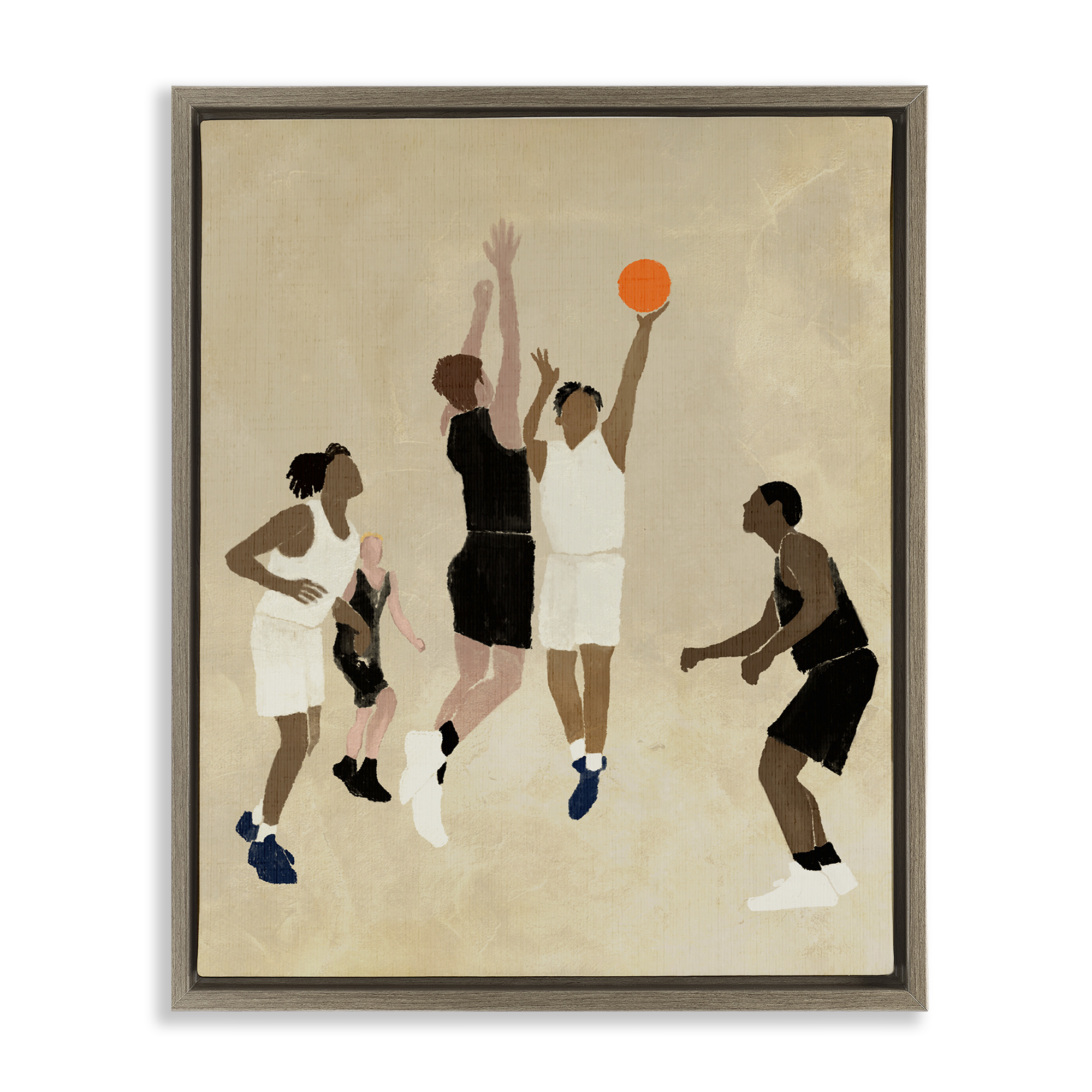 Stupell Industries Players with Basketball Sports Painting Brown Floater Framed Canvas Art Print Wall Art, 25 x 31