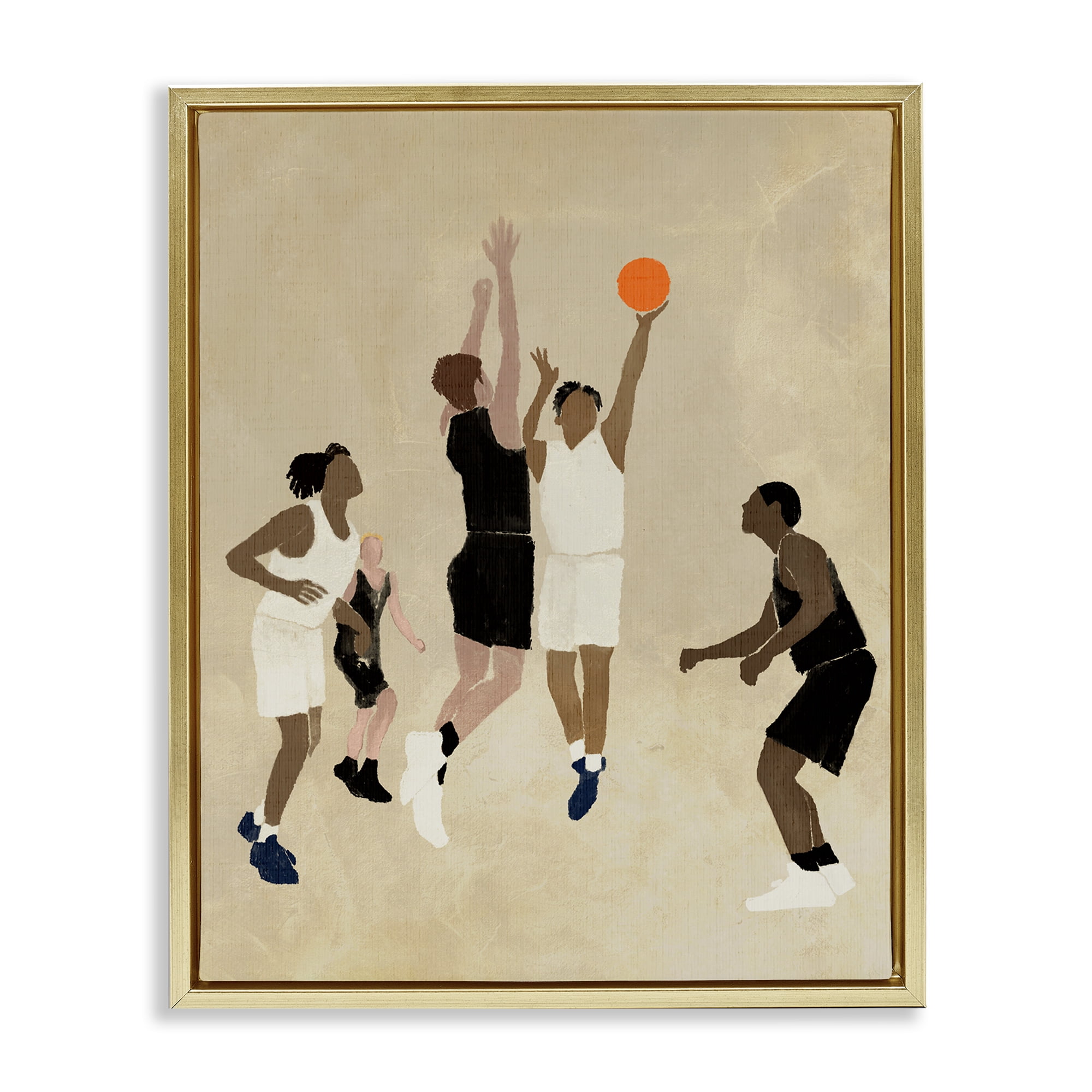 Stupell Industries Players with Basketball Sports Painting Gold Floater Framed Canvas Art Print Wall Art, 17 x 21