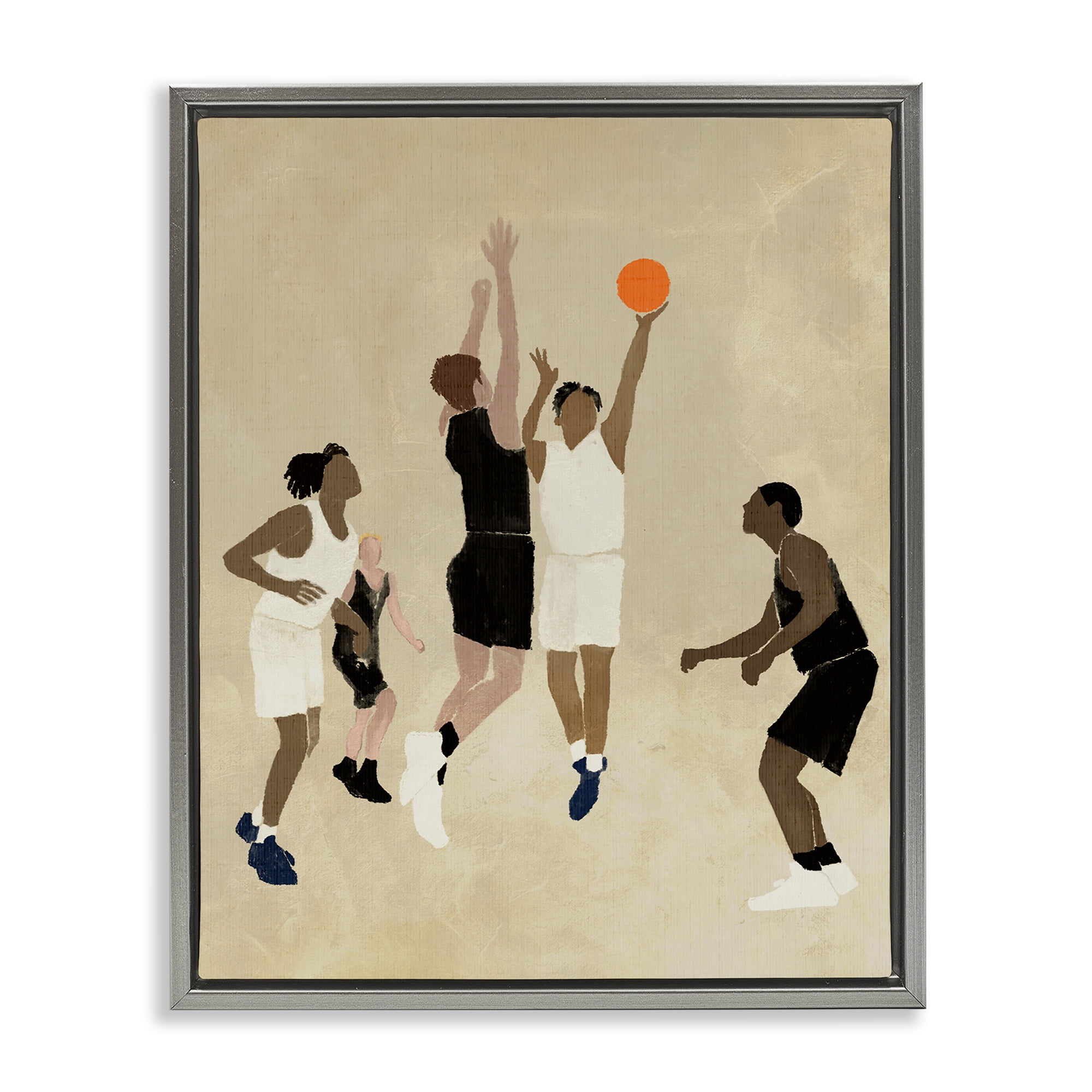 Stupell Industries Players with Basketball Sports Painting Gray Floater Framed Canvas Art Print Wall Art, 25 x 31