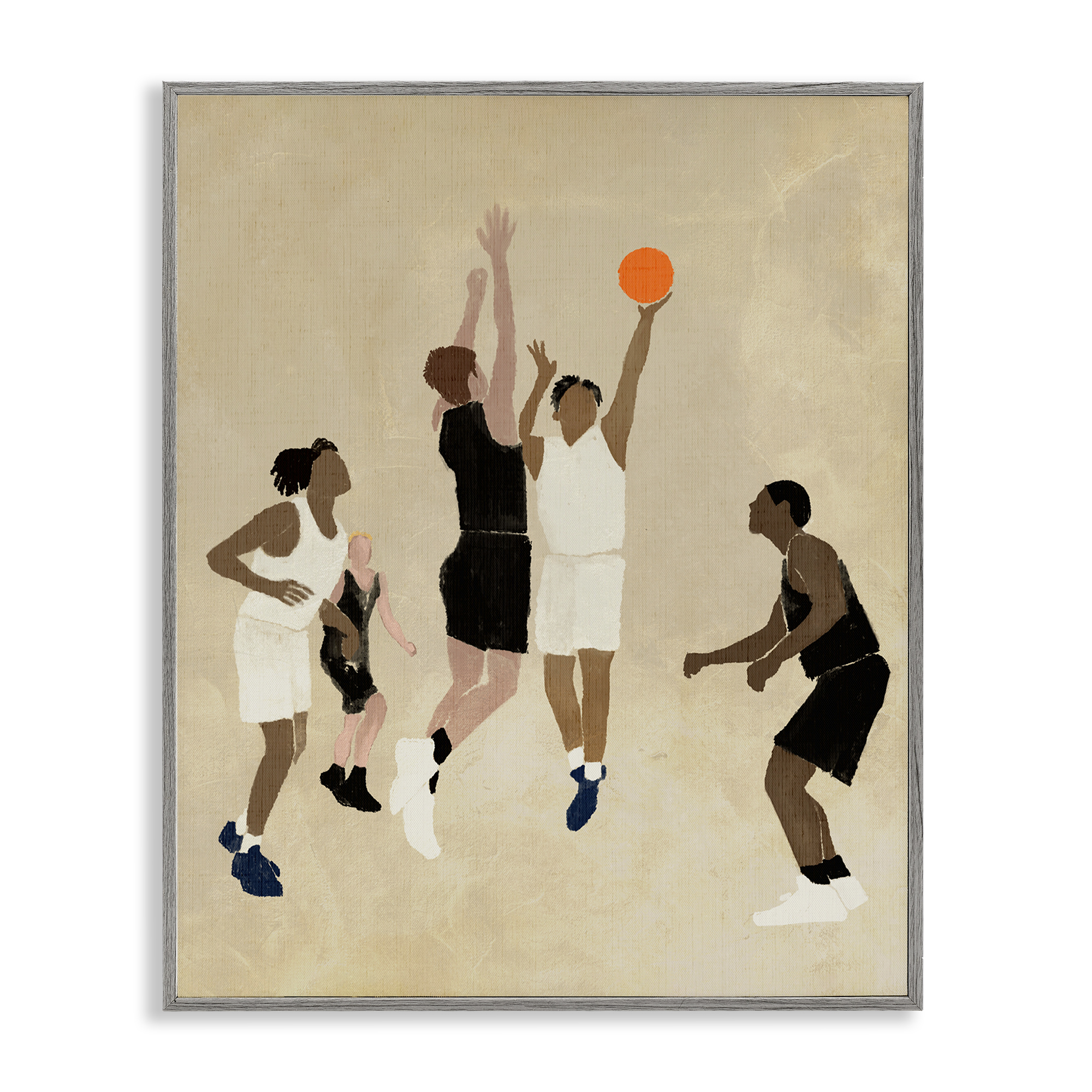 Stupell Industries Players with Basketball Sports Painting Gray Framed Art Print Wall Art, 24 x 30