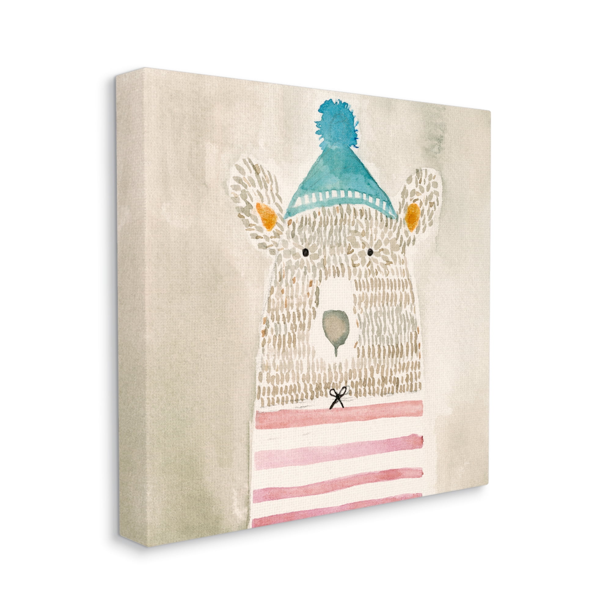 Stupell Industries Playful Bear Portrait Hipster Beanie Red Stripes Animals & Insects Painting Gallery Wrapped Canvas Print Wall Art, 24 x 24