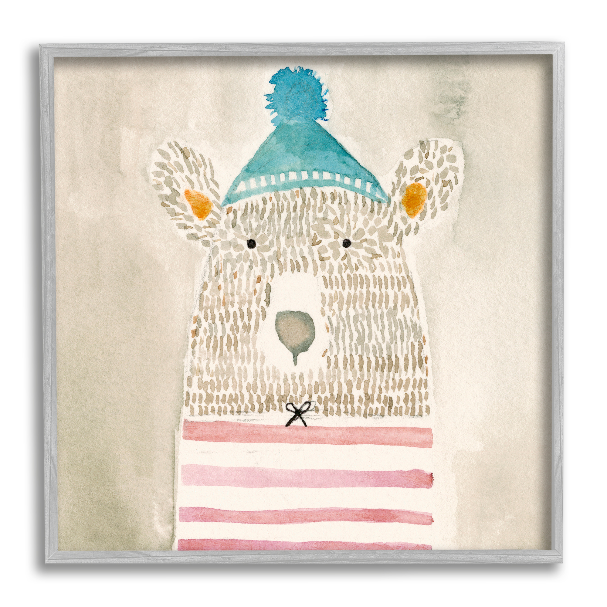 Stupell Industries Playful Bear Portrait Hipster Beanie Red Stripes Animals & Insects Painting Gray Framed Art Print Wall Art, 24 x 24