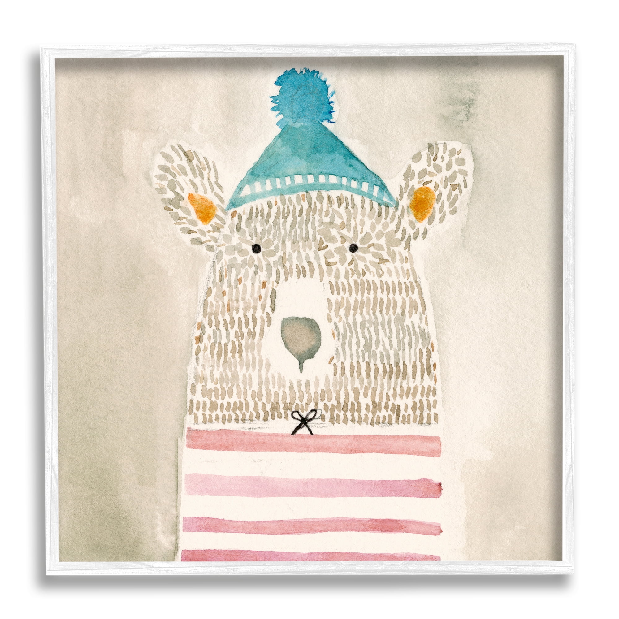 Stupell Industries Playful Bear Portrait Hipster Beanie Red Stripes Animals & Insects Painting White Framed Art Print Wall Art, 24 x 24