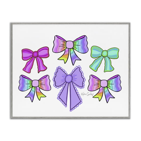 Stupell Industries Playful Bowtastic Ribbons Fashion Painting Gray Framed Art Print Wall Art, 14 x 11