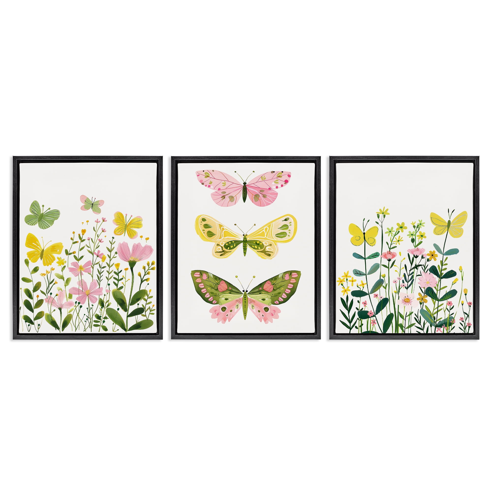 Stupell Industries Playful Butterflies and Florals Animals Painting Black Floater Framed Canvas Art Print Wall Art, 25 x 31, Set of 3