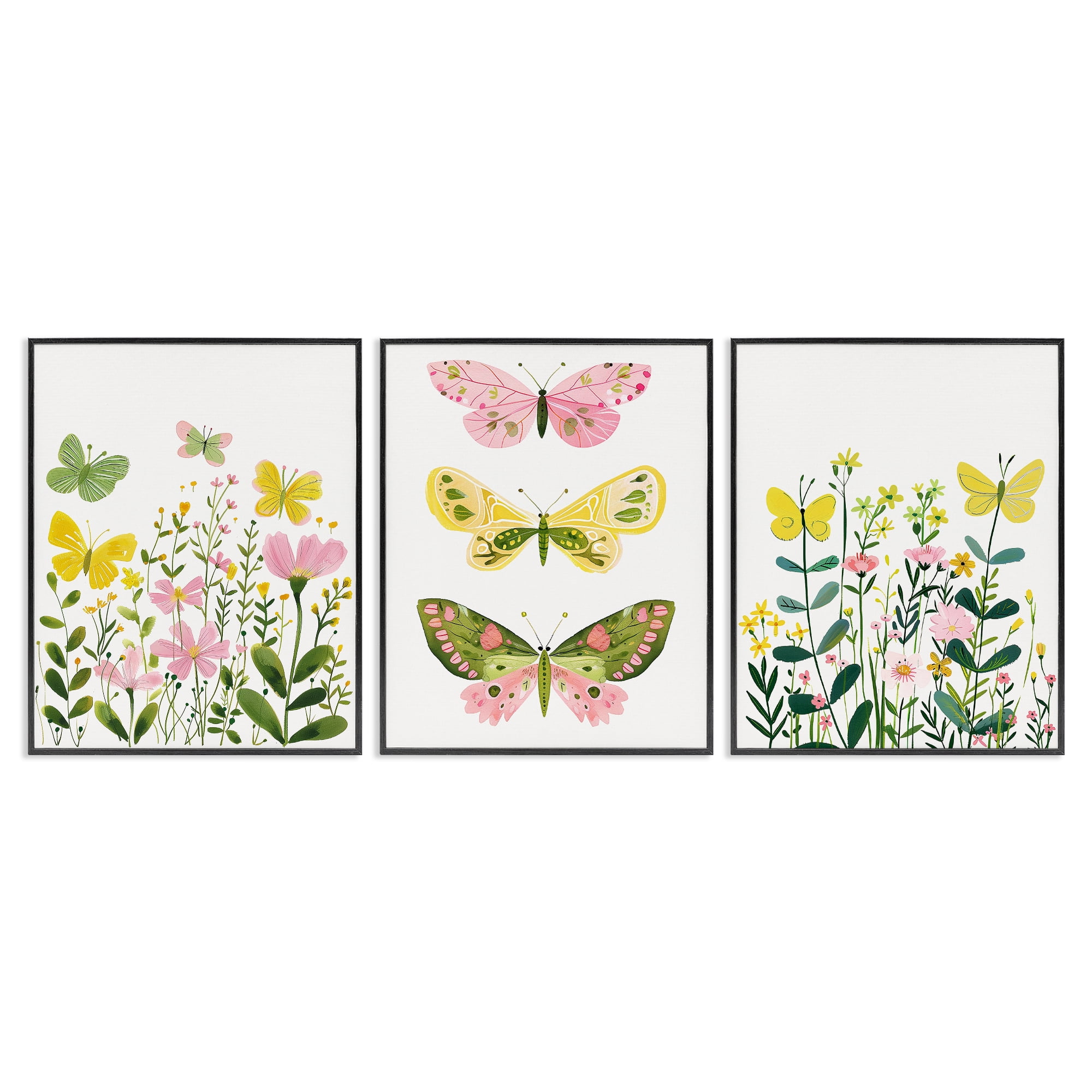 Stupell Industries Playful Butterflies and Florals Animals Painting Black Framed Art Print Wall Art, 16 x 20, Set of 3