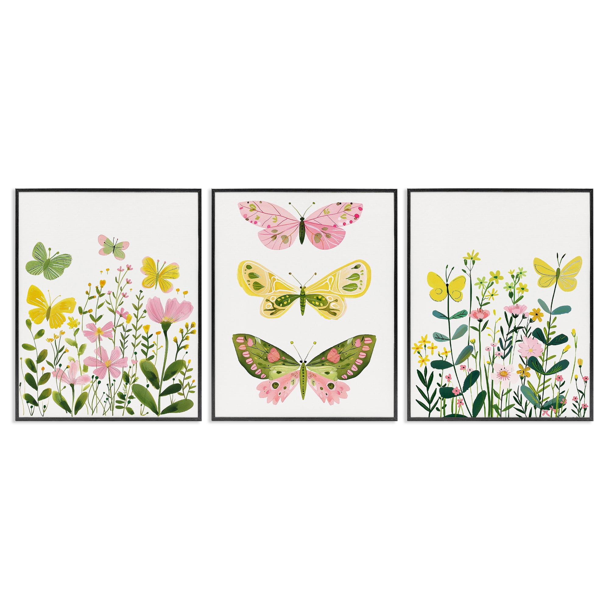 Stupell Industries Playful Butterflies and Florals Animals Painting Black Framed Art Print Wall Art, 24 x 30, Set of 3