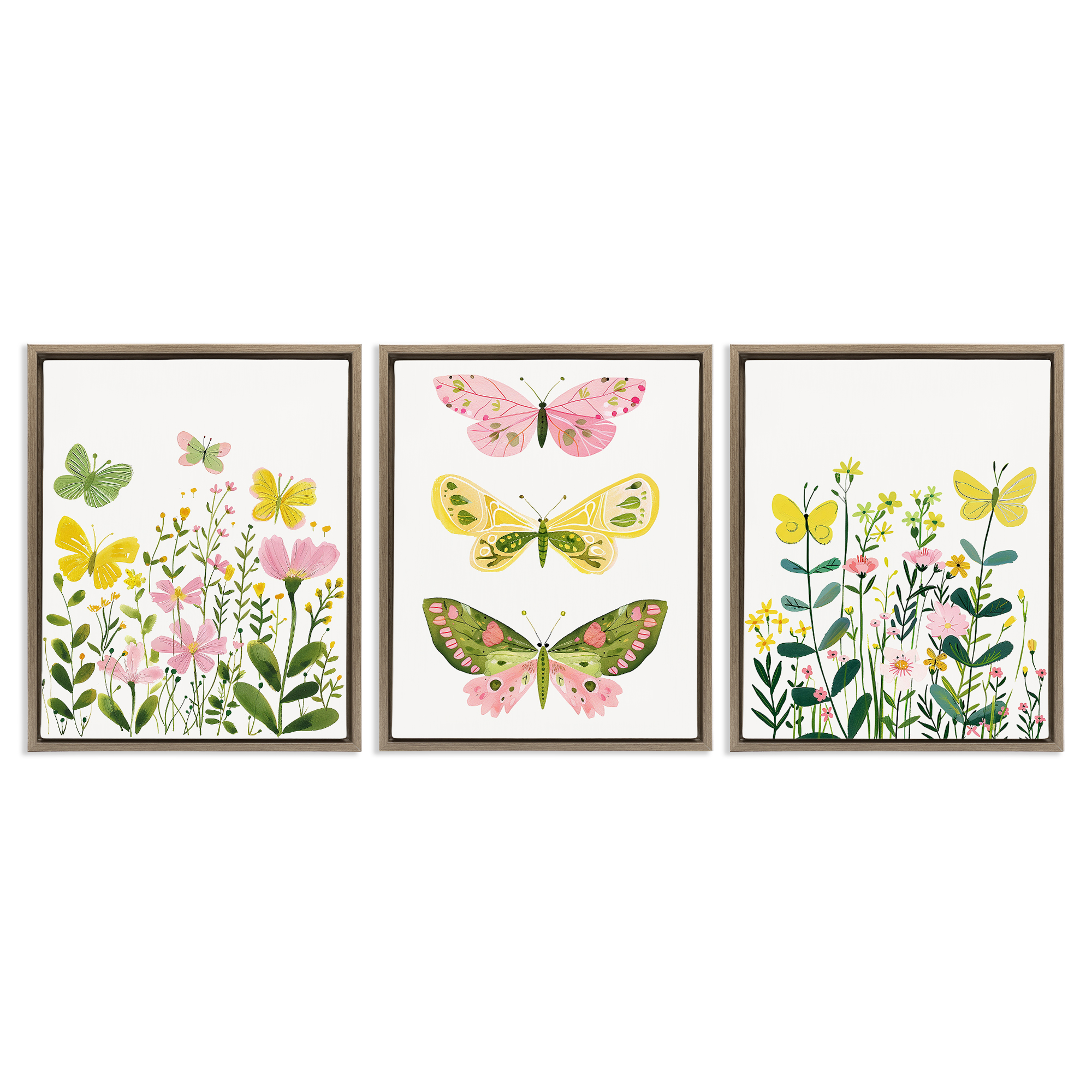Stupell Industries Playful Butterflies and Florals Animals Painting Brown Floater Framed Canvas Art Print Wall Art, 17 x 21, Set of 3
