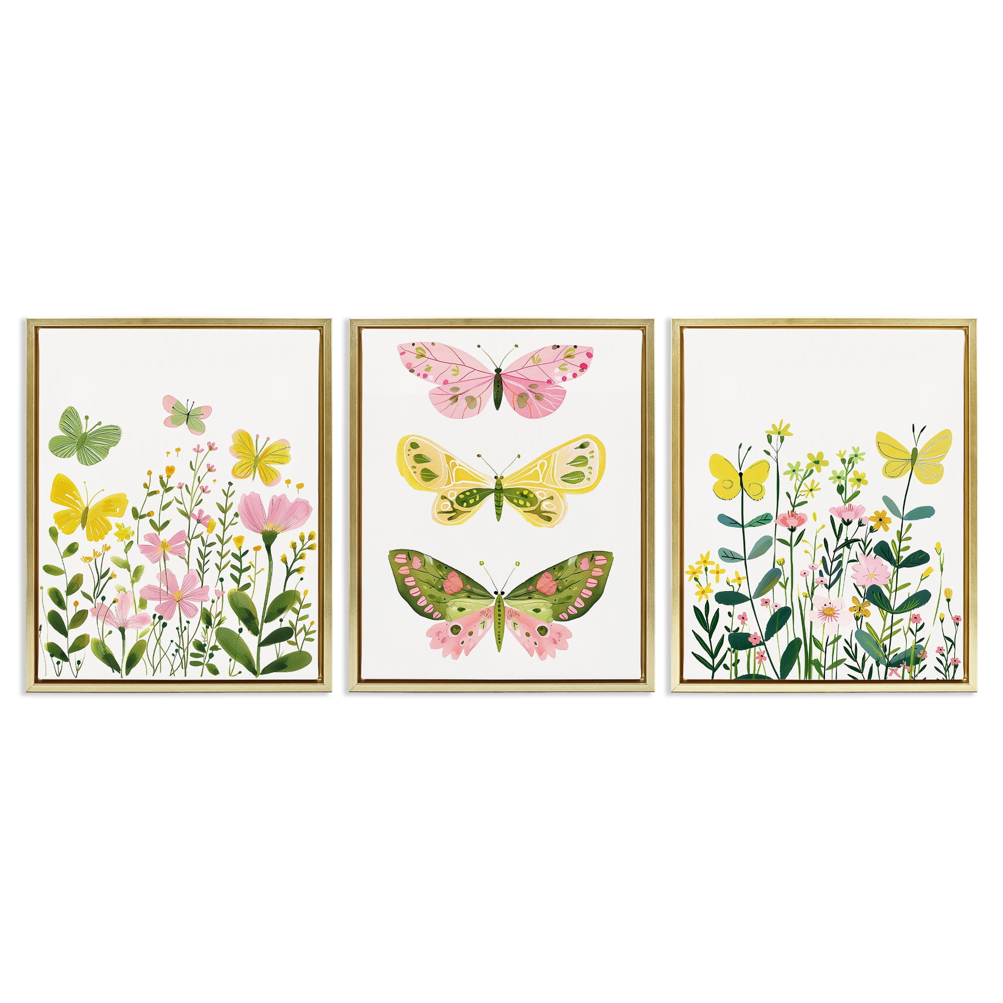 Stupell Industries Playful Butterflies and Florals Animals Painting Gold Floater Framed Canvas Art Print Wall Art, 25 x 31, Set of 3