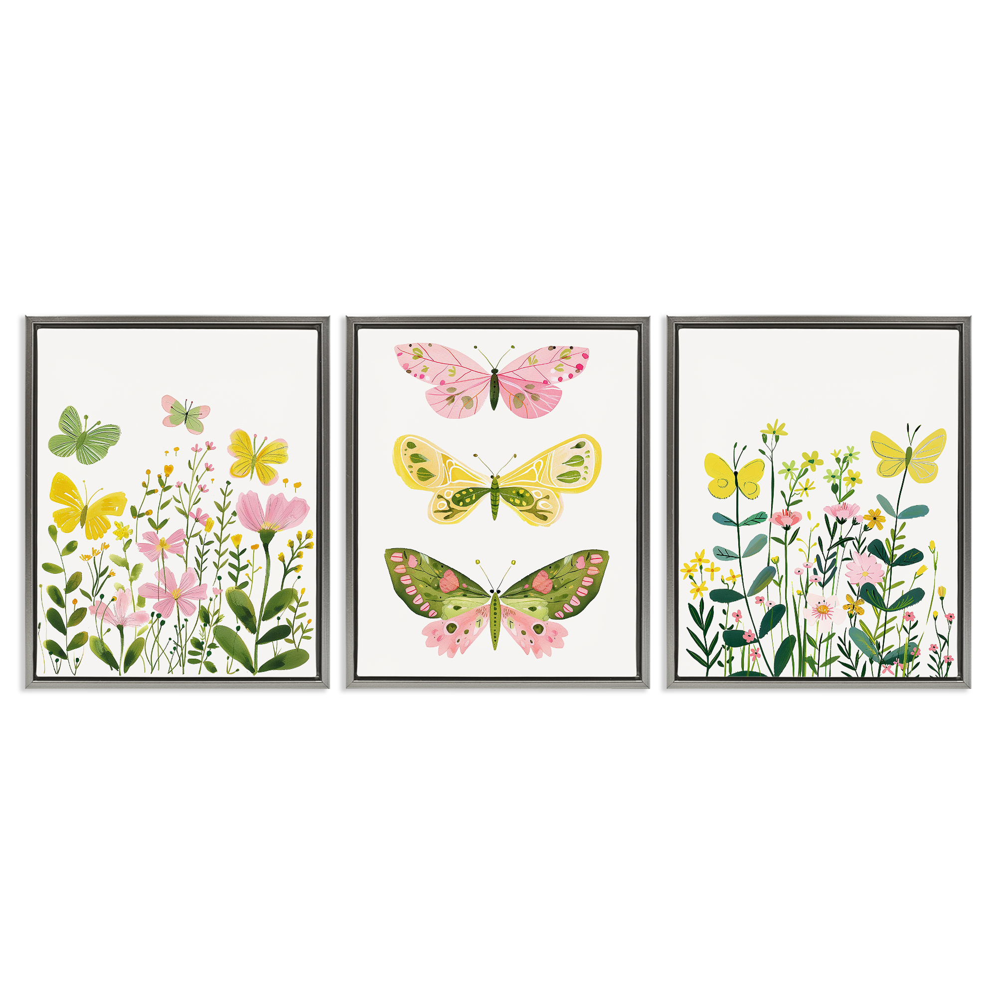 Stupell Industries Playful Butterflies and Florals Animals Painting Gray Floater Framed Canvas Art Print Wall Art, 17 x 21, Set of 3