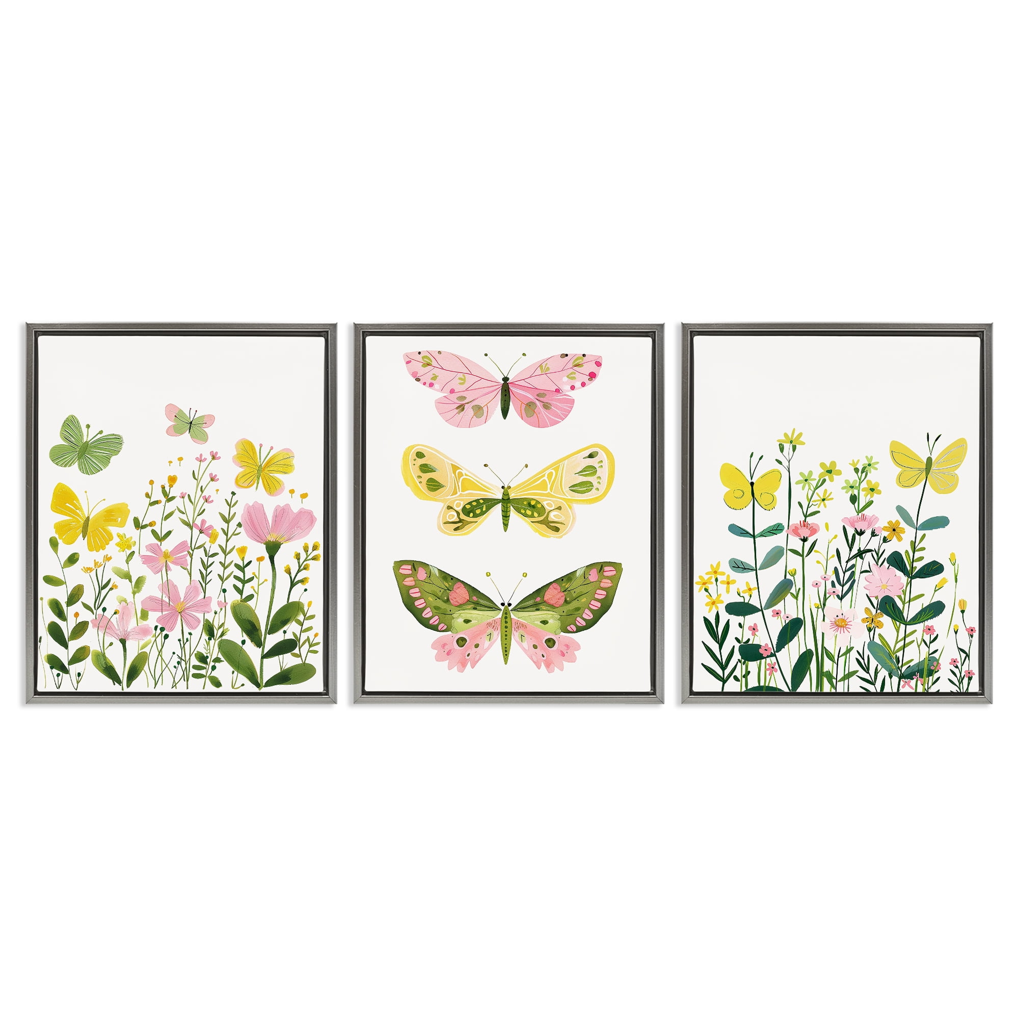 Stupell Industries Playful Butterflies and Florals Animals Painting Gray Floater Framed Canvas Art Print Wall Art, 25 x 31, Set of 3