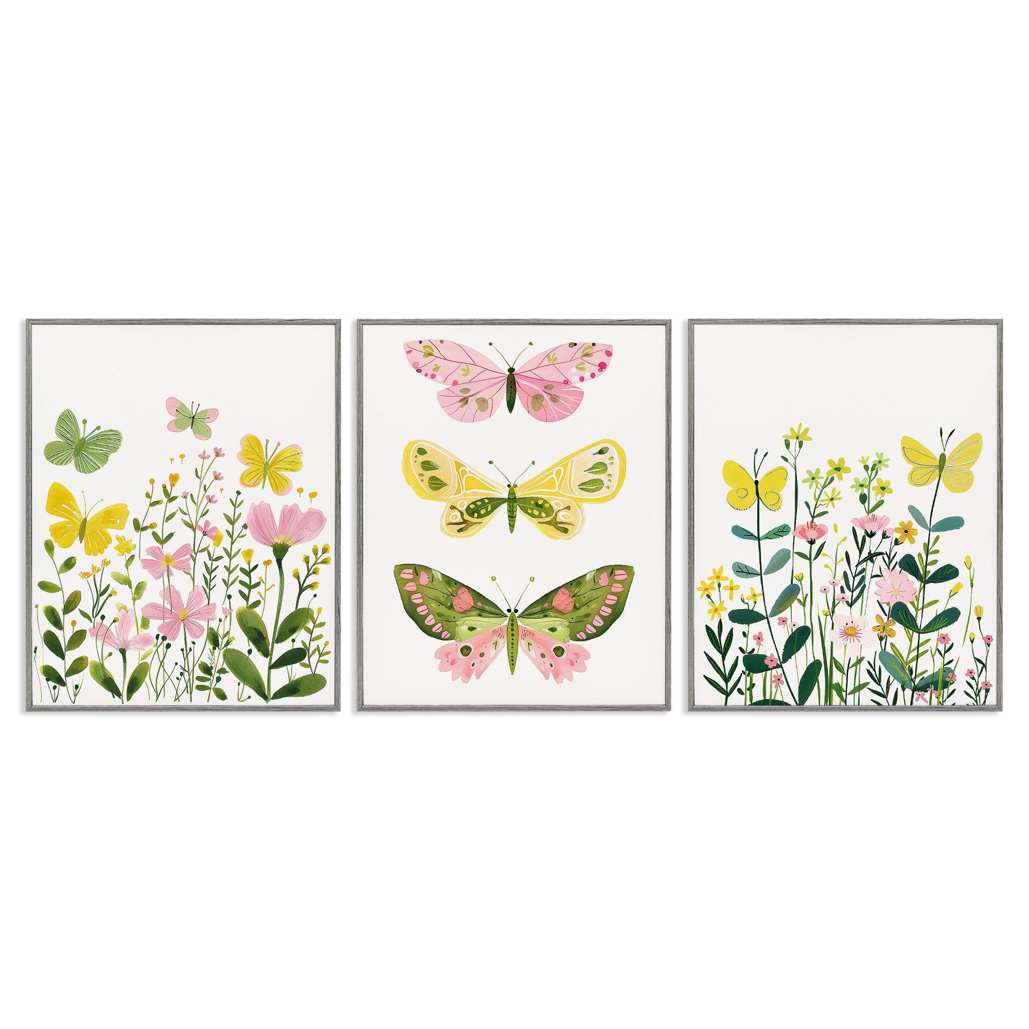 Stupell Industries Playful Butterflies and Florals Animals Painting Gray Framed Art Print Wall Art, 24 x 30, Set of 3