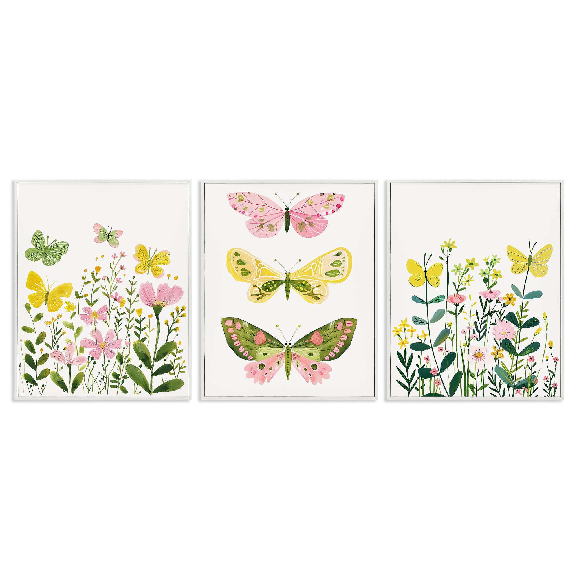 Stupell Industries Playful Butterflies and Florals Animals Painting White Framed Art Print Wall Art, 16 x 20, Set of 3
