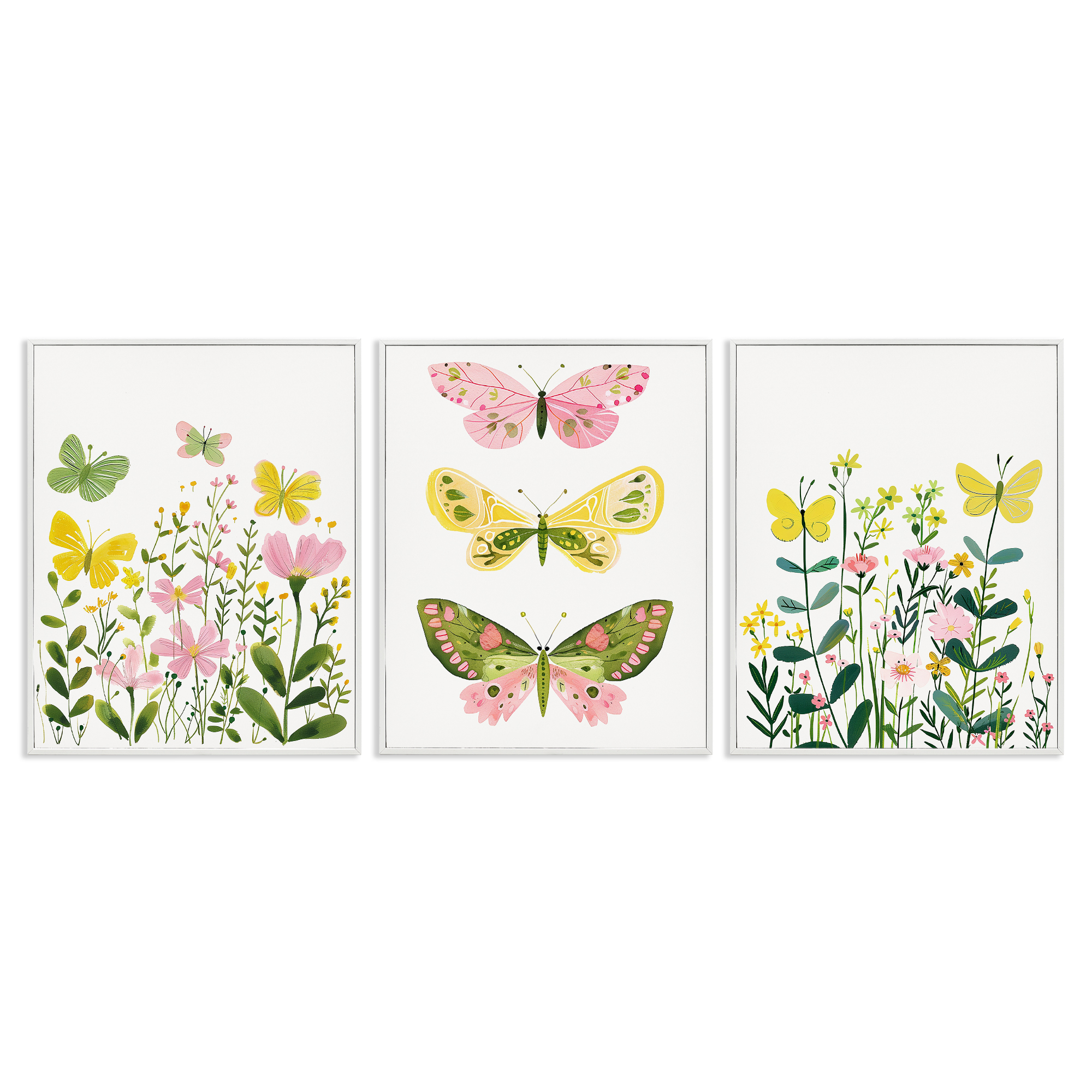 Stupell Industries Playful Butterflies and Florals Animals Painting White Framed Art Print Wall Art, 24 x 30, Set of 3