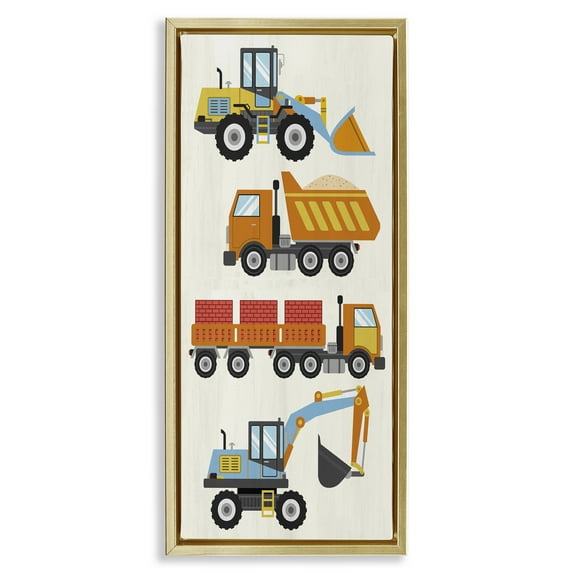 Stupell Industries Playful Construction Vehicles Transportation Painting Gold Floater Framed Canvas Art Print Wall Art, 11 x 25