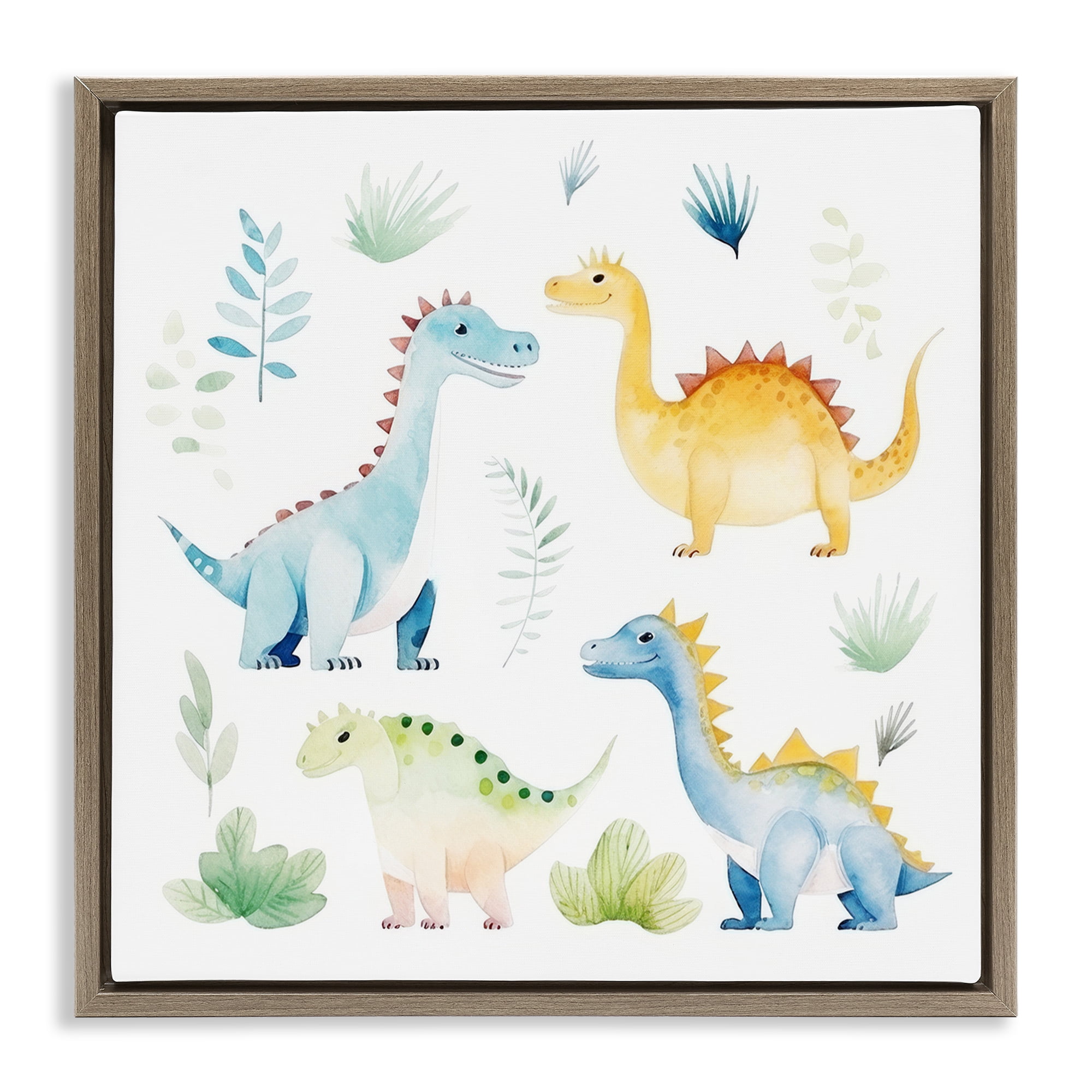 Stupell Industries Playful Dinosaur Wonderland Brown Framed Floater Canvas Wall Art, design by Lazar Studio