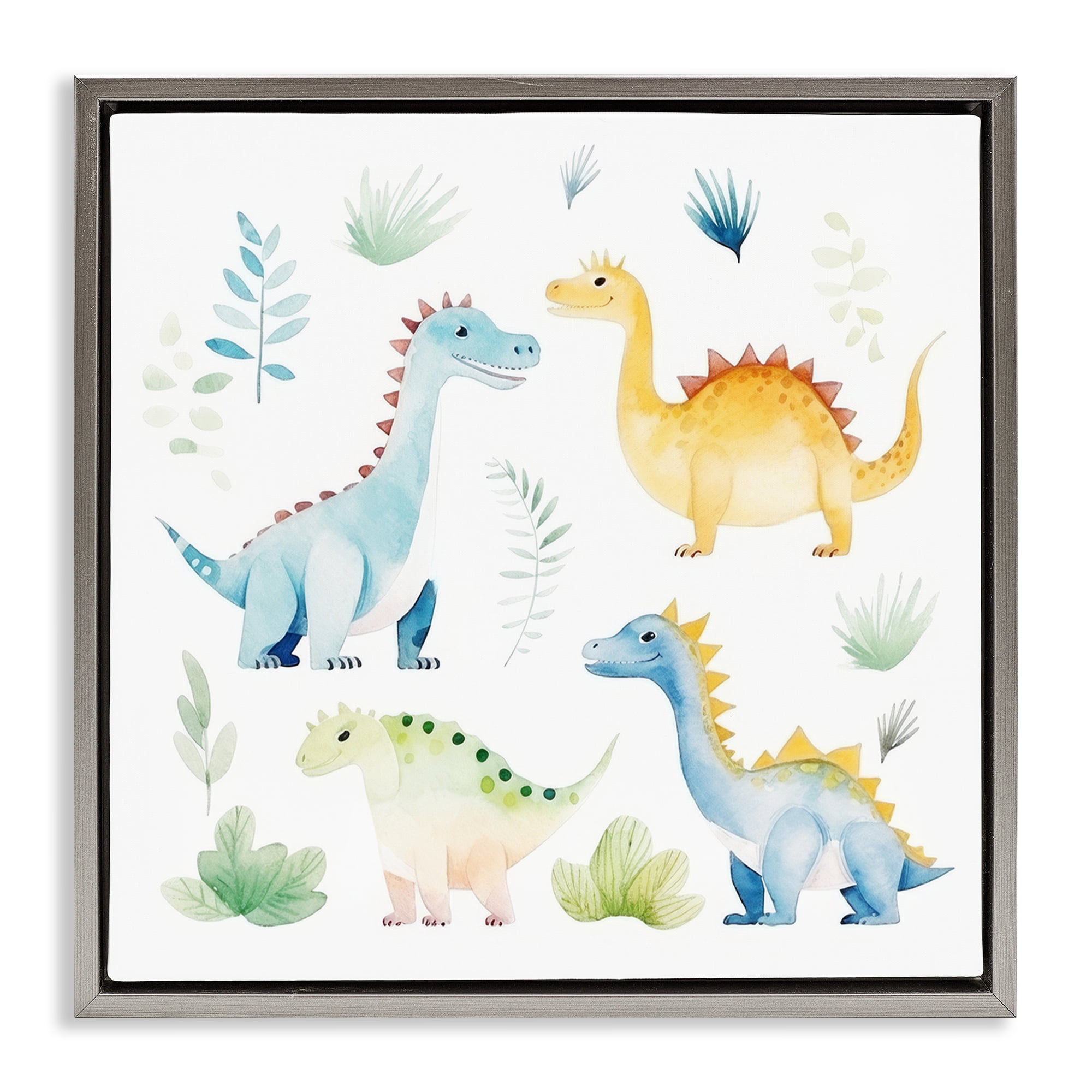 Stupell Industries Playful Dinosaur Wonderland Gray Framed Floater Canvas Wall Art, design by Lazar Studio
