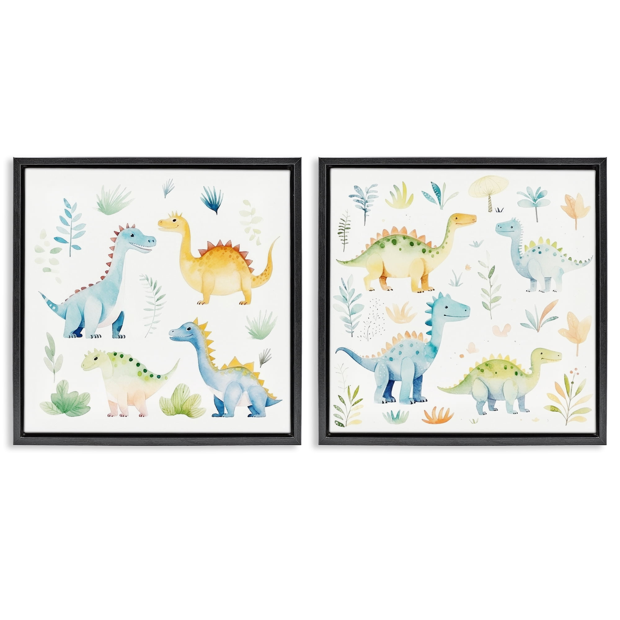 Stupell Industries Playful Dinosaur Wonders 2 Piece Black Framed Floater Canvas Set, design by Lazar Studio