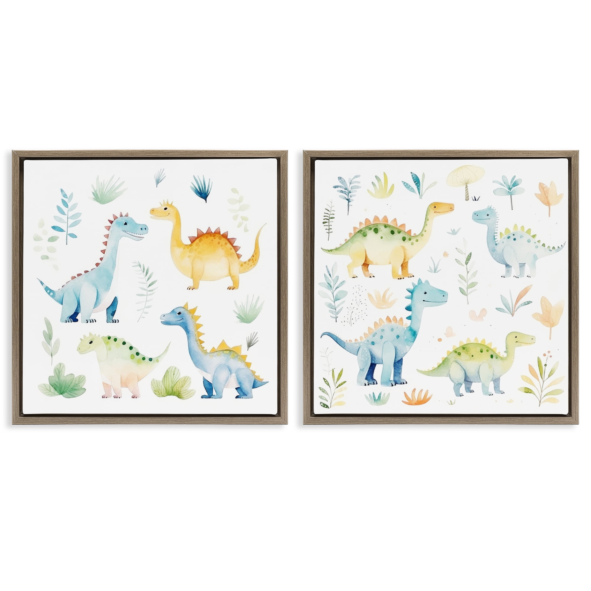 Stupell Industries Playful Dinosaur Wonders 2 Piece Brown Framed Floater Canvas Set, design by Lazar Studio