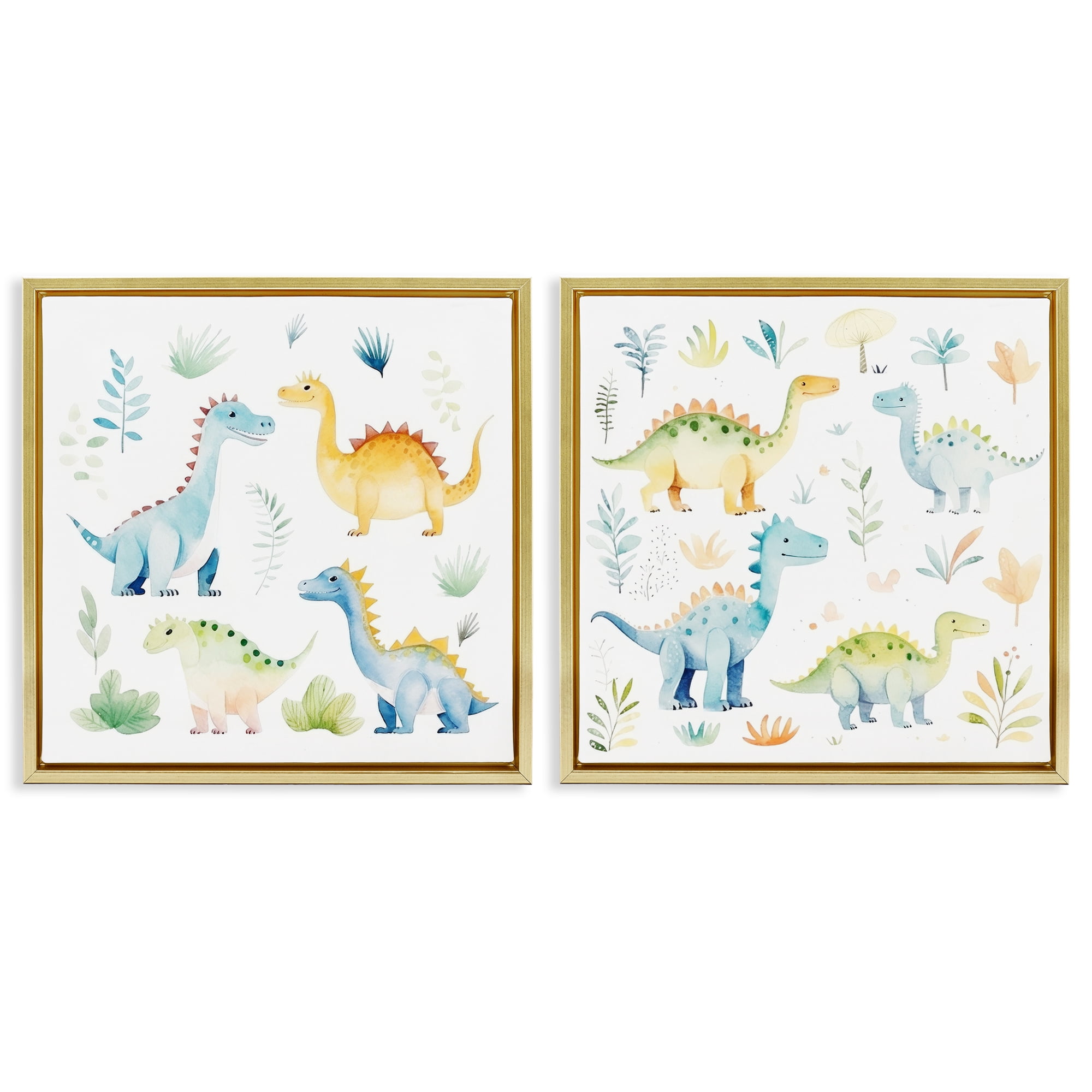 Stupell Industries Playful Dinosaur Wonders 2 Piece Gold Framed Floater Canvas Set, design by Lazar Studio