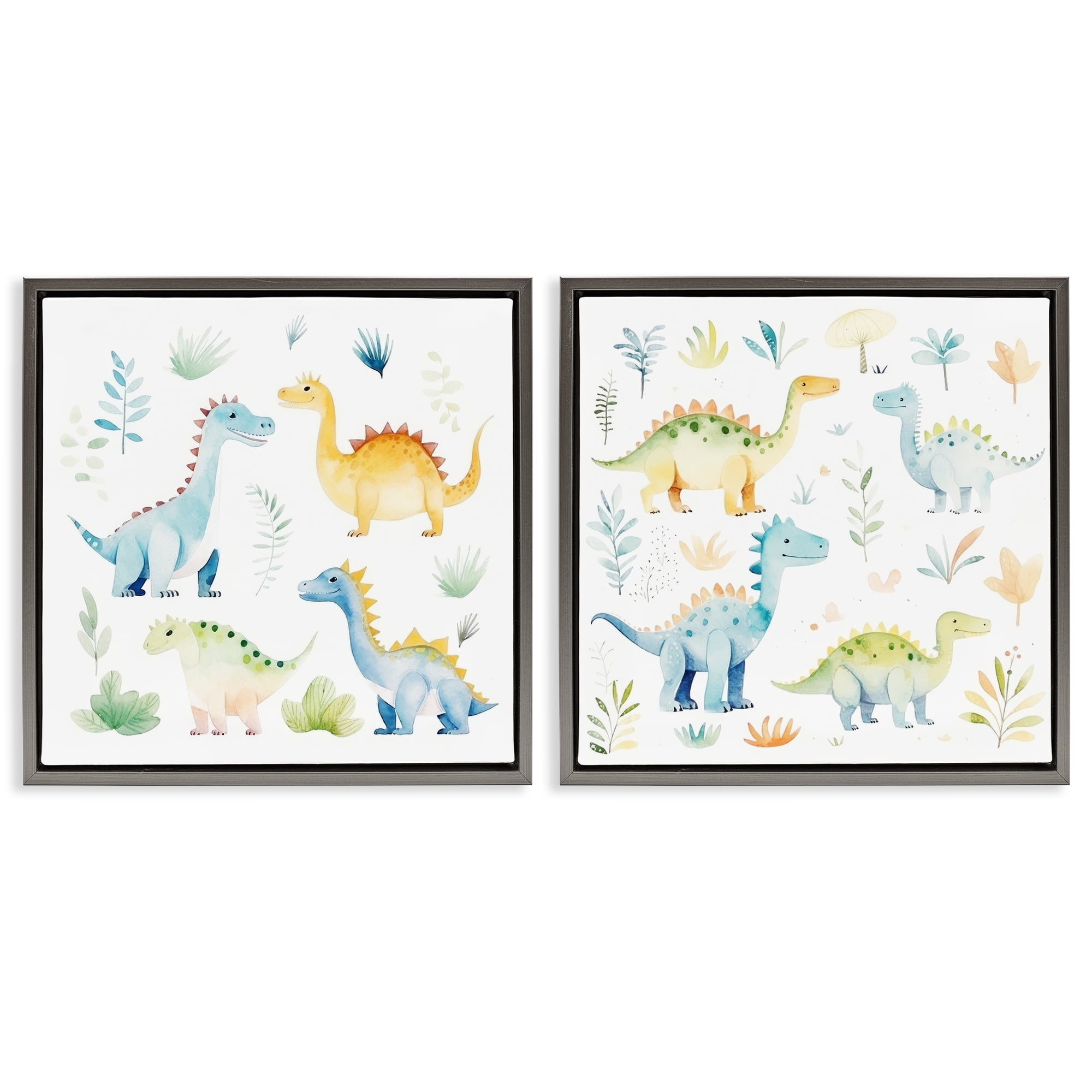 Stupell Industries Playful Dinosaur Wonders 2 Piece Gray Framed Floater Canvas Set, design by Lazar Studio