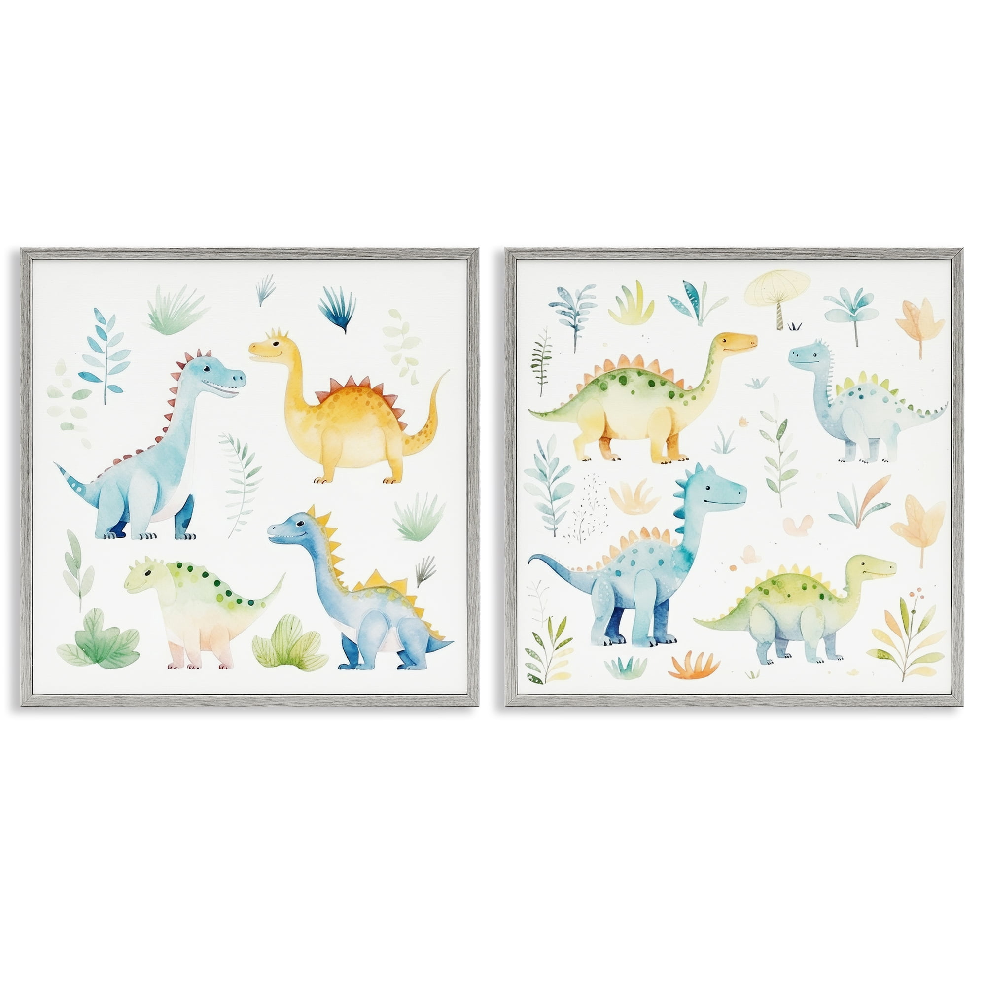 Stupell Industries Playful Dinosaur Wonders 2 Piece Gray Framed Giclee Art Set, design by Lazar Studio