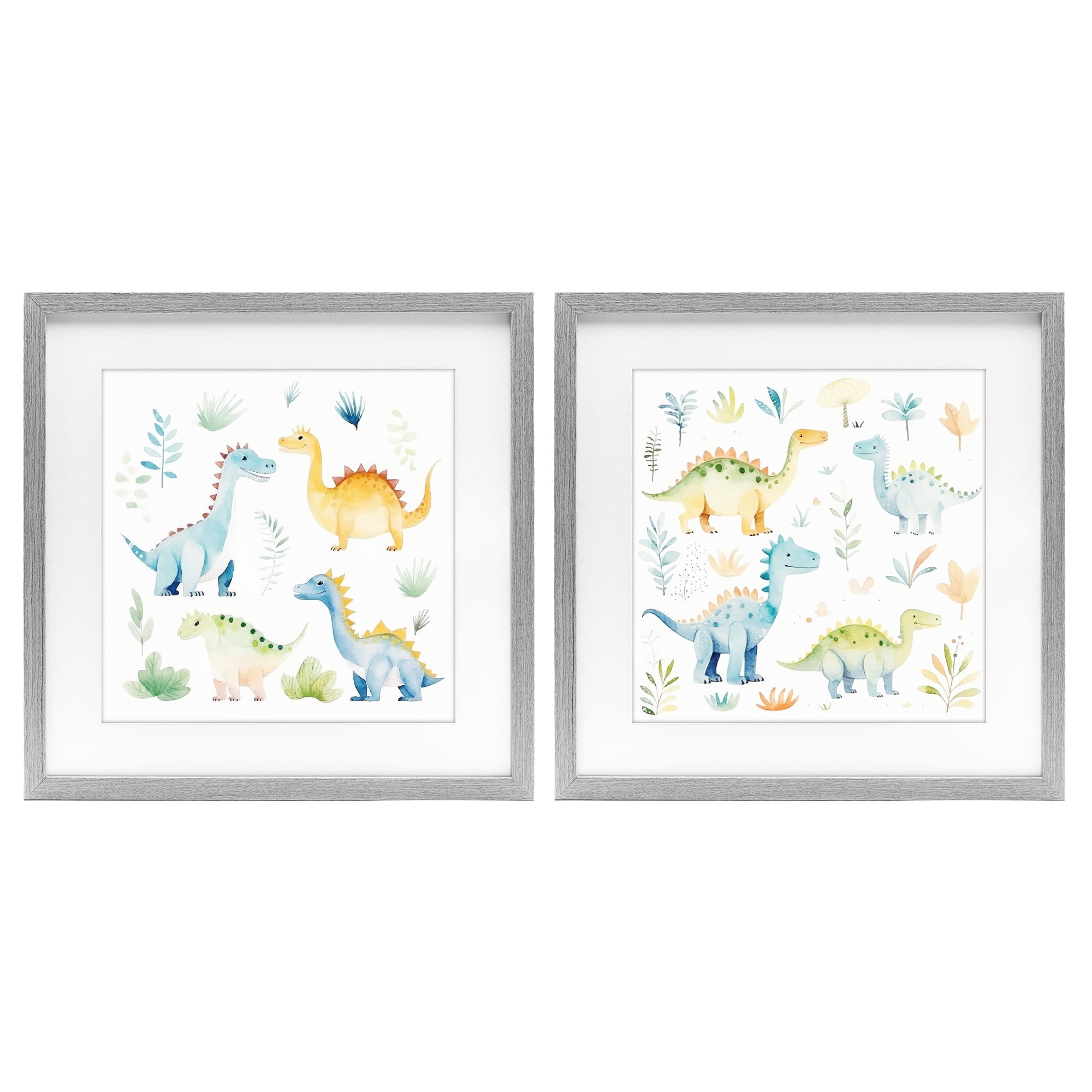 Stupell Industries Playful Dinosaur Wonders 2 Piece Gray Framed Print Under Glass Set, design by Lazar Studio