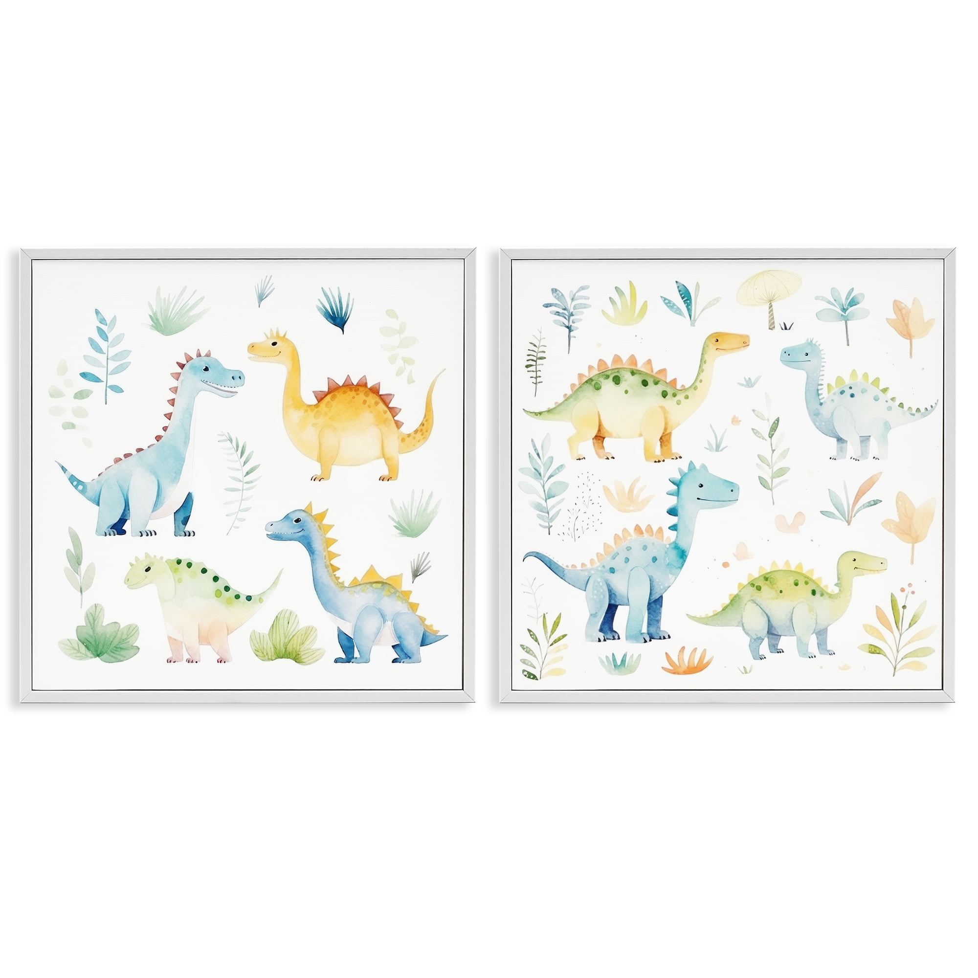 Stupell Industries Playful Dinosaur Wonders 2 Piece White Framed Giclee Art Set, design by Lazar Studio